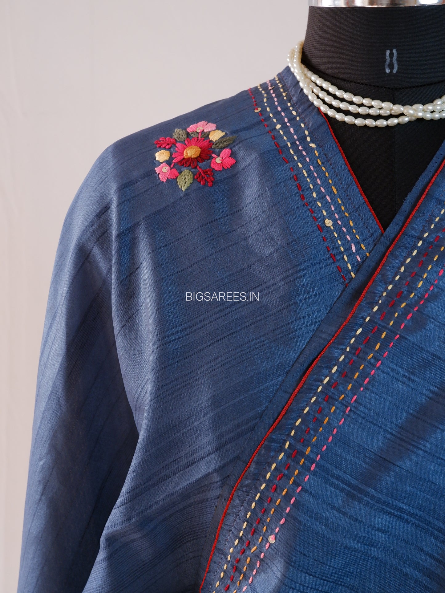 Bullion Knot Hand-Embroidered Saree | Semi Tassar | Dusk Blue