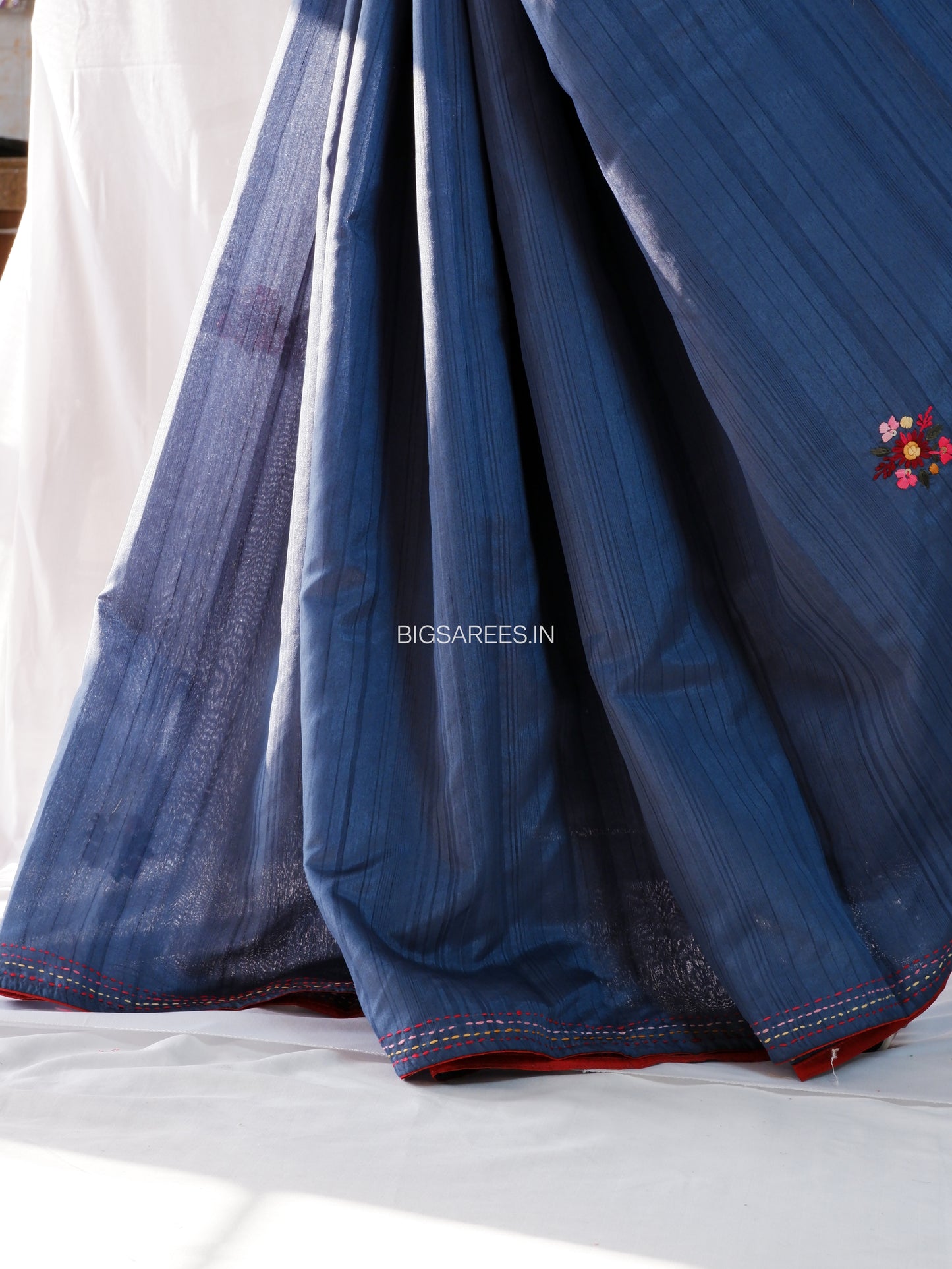 Bullion Knot Hand-Embroidered Saree | Semi Tassar | Dusk Blue