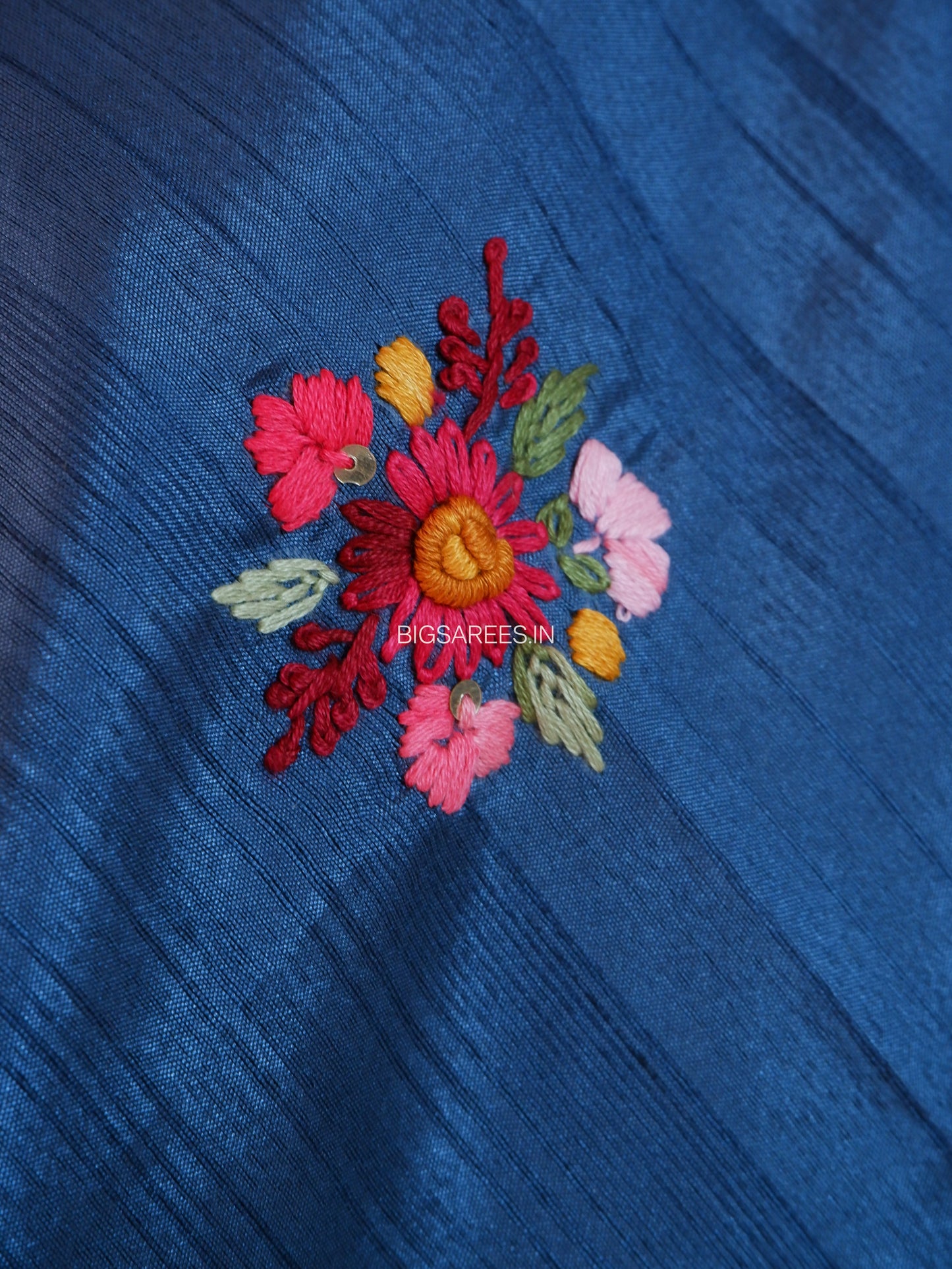 Bullion Knot Hand-Embroidered Saree | Semi Tassar | Dusk Blue