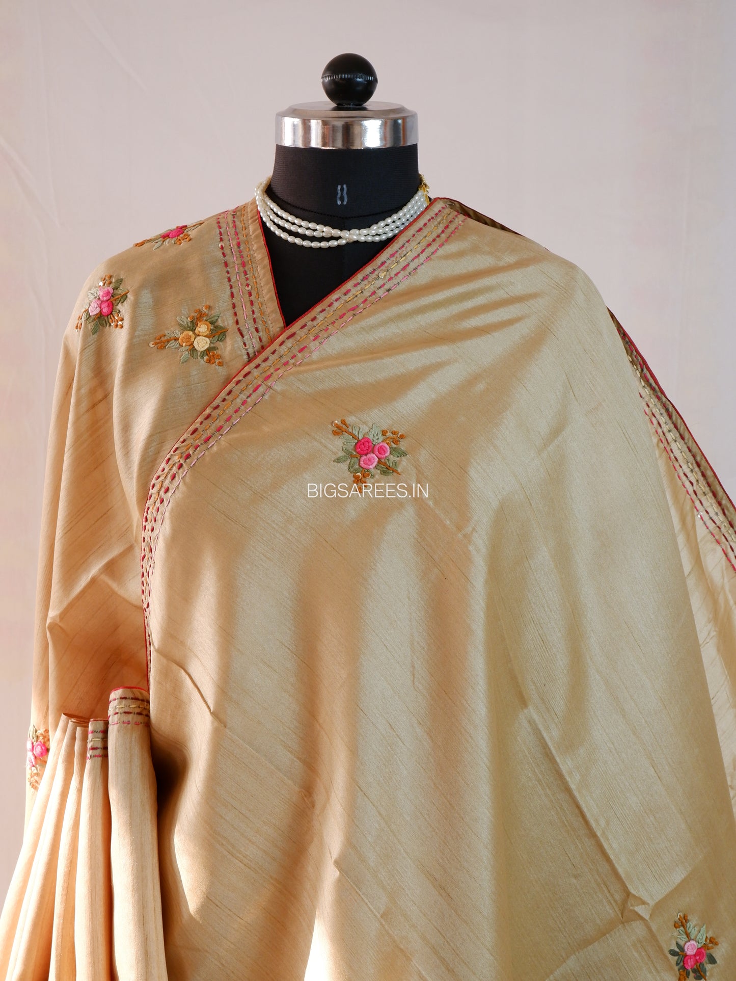 Bullion Knot Hand-Embroidered Saree | Semi Tassar | Beige