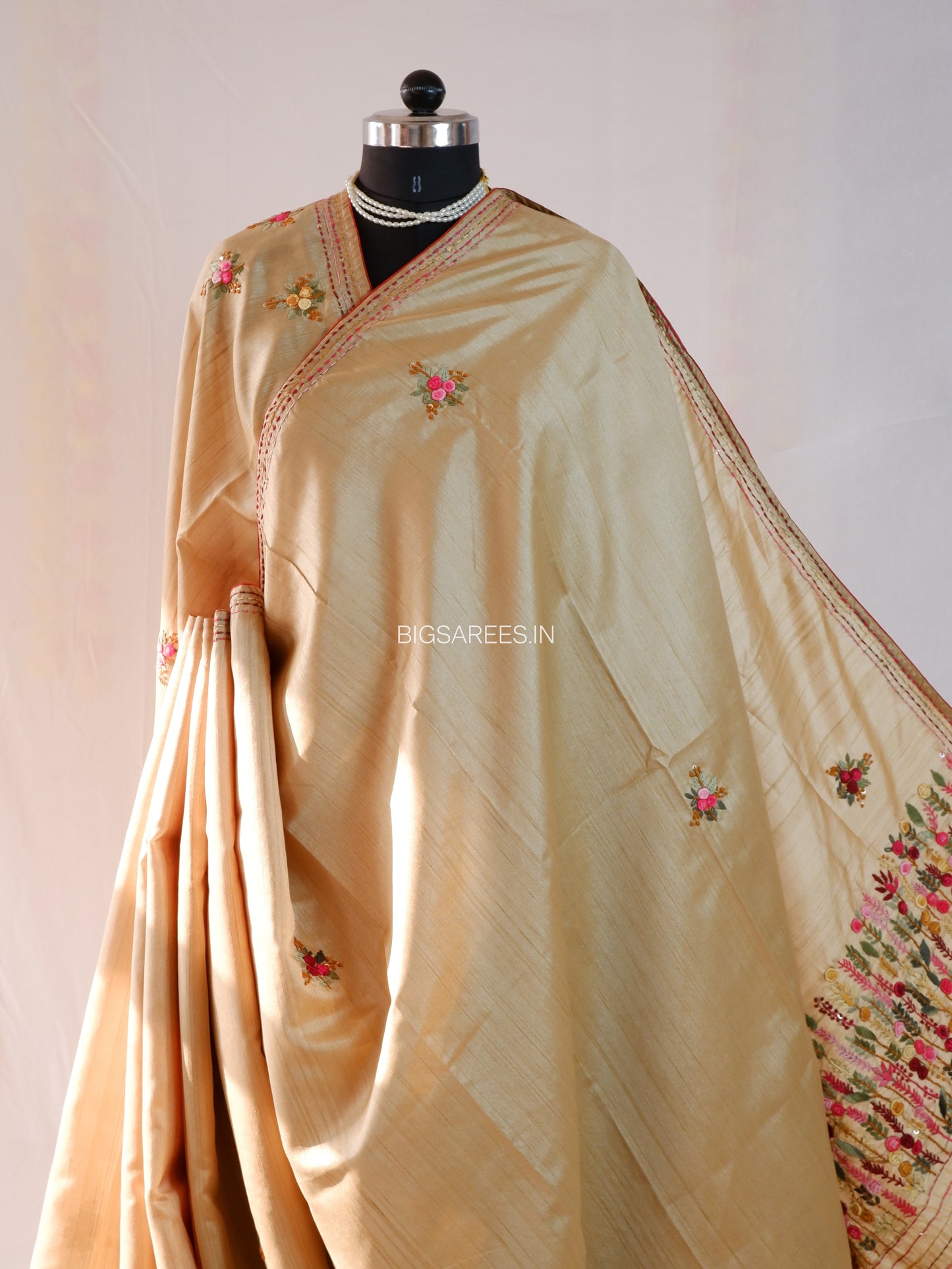 Bullion Knot Hand-Embroidered Saree | Semi Tassar | Beige