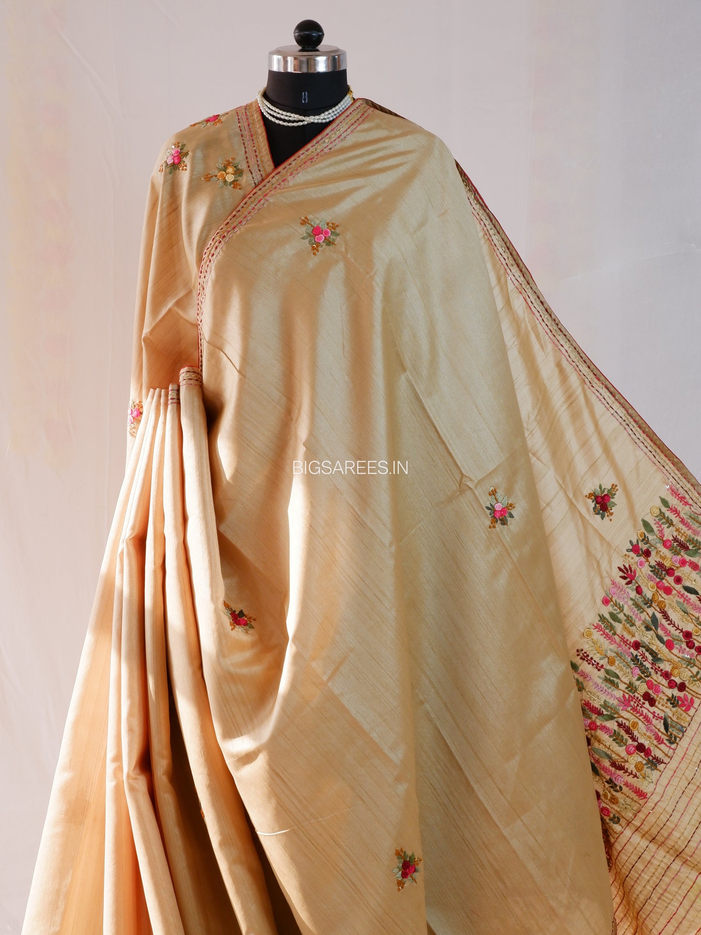 Bullion Knot Hand-Embroidered Saree | Semi Tassar | Beige