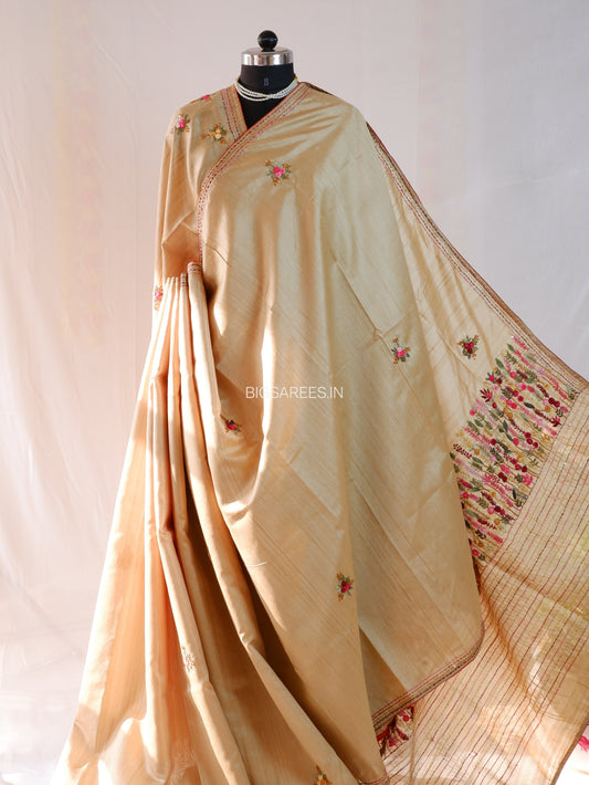 Bullion Knot Hand-Embroidered Saree | Semi Tassar | Beige