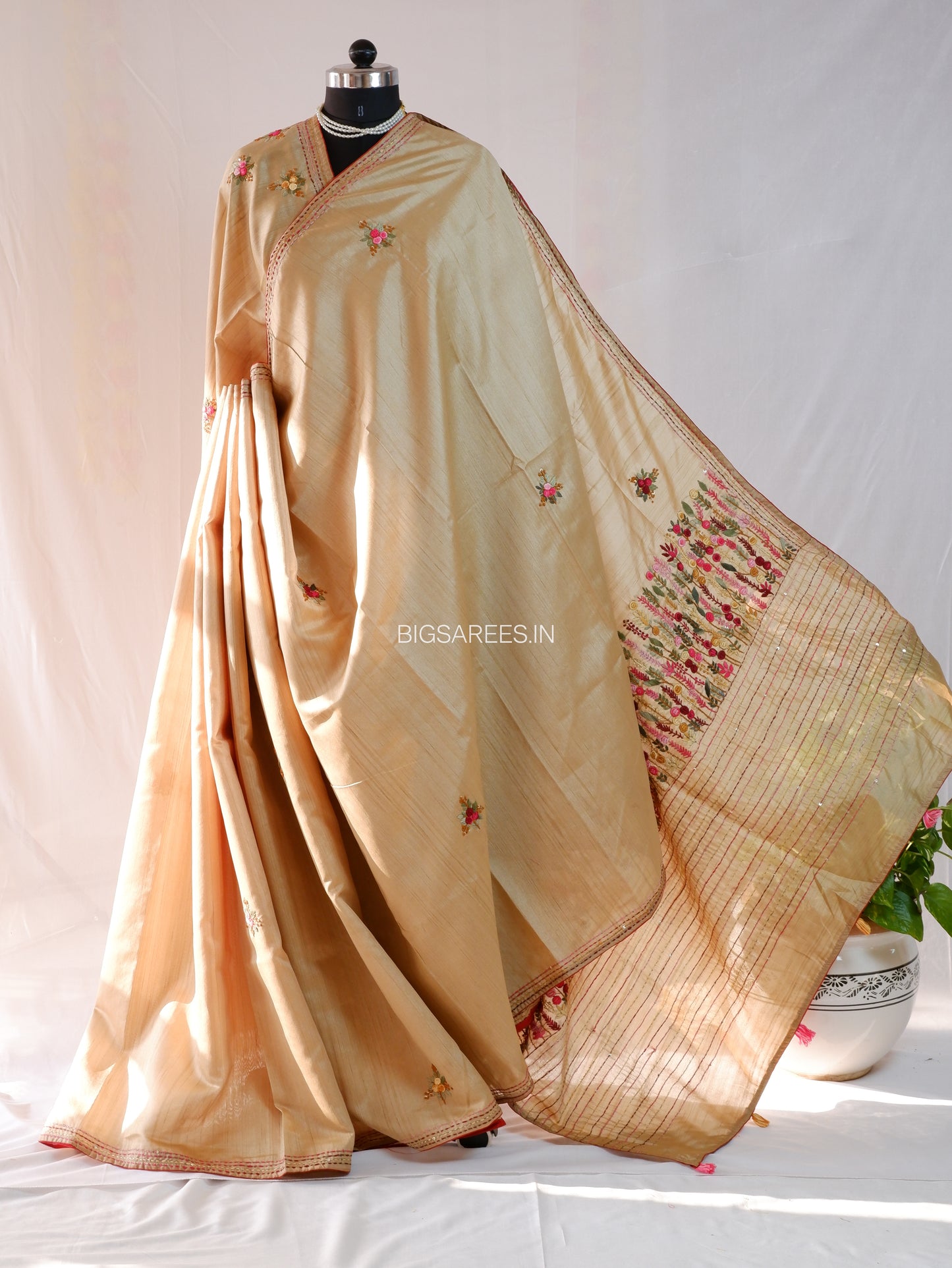 Bullion Knot Hand-Embroidered Saree | Semi Tassar | Beige