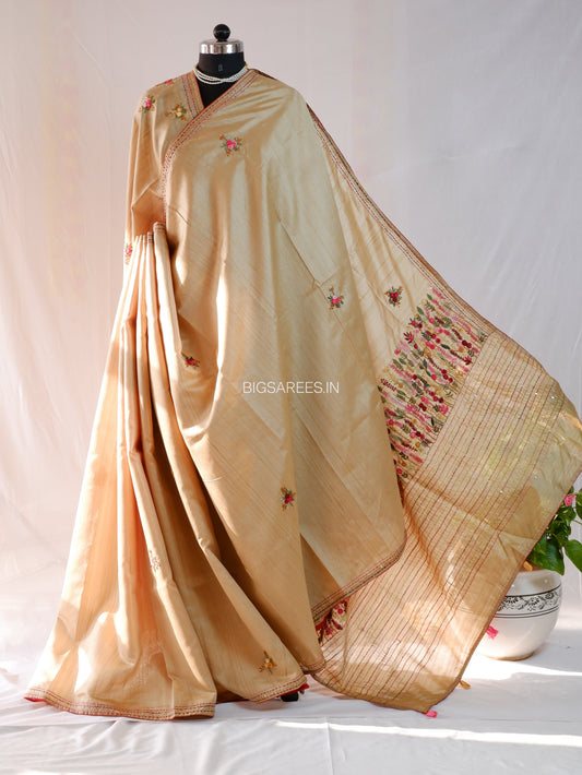 Bullion Knot Hand-Embroidered Saree | Semi Tassar | Beige