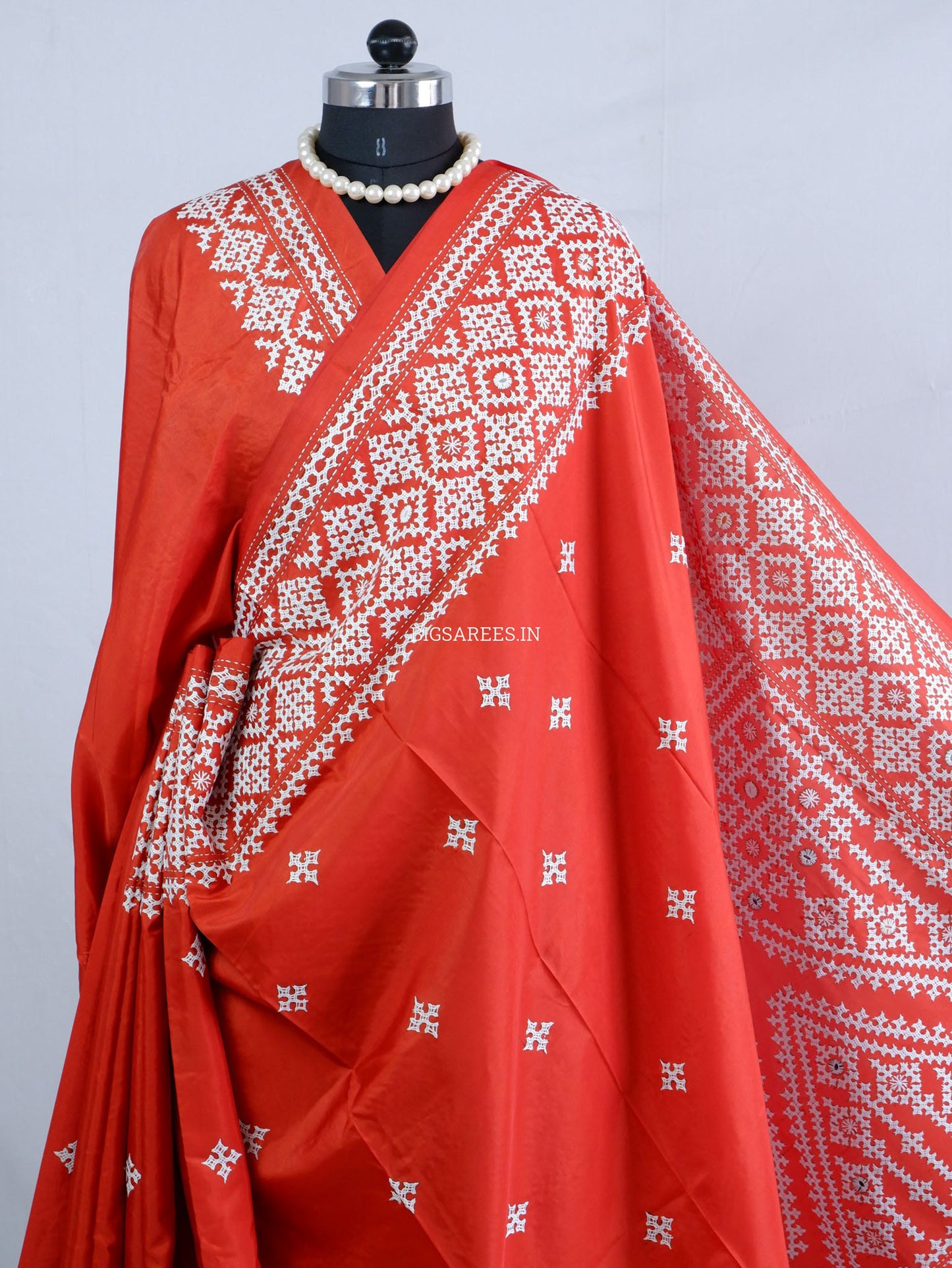 Kutchi/Gujarati Stitch Hand Embroidered Saree | Art Silk | Foil Mirror | Red