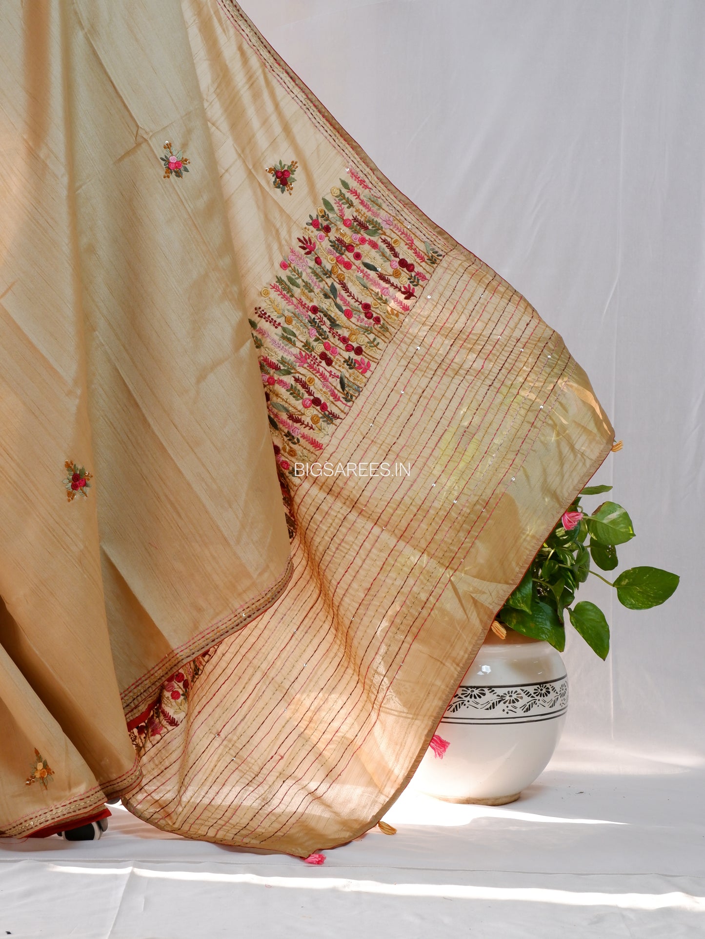 Bullion Knot Hand-Embroidered Saree | Semi Tassar | Beige