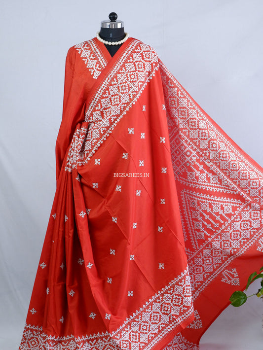 Kutchi/Gujarati Stitch Hand Embroidered Saree | Art Silk | Foil Mirror | Red