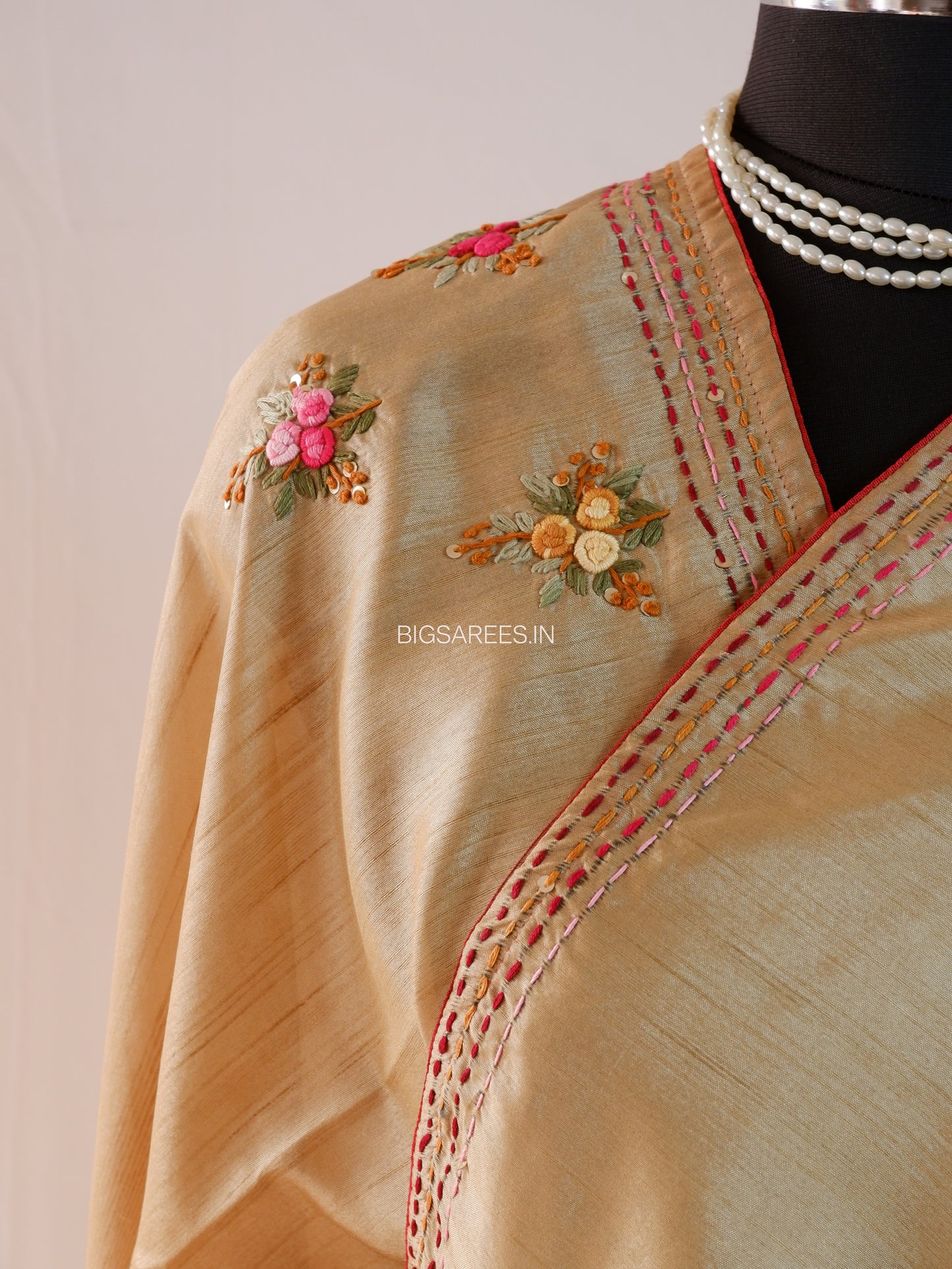 Bullion Knot Hand-Embroidered Saree | Semi Tassar | Beige