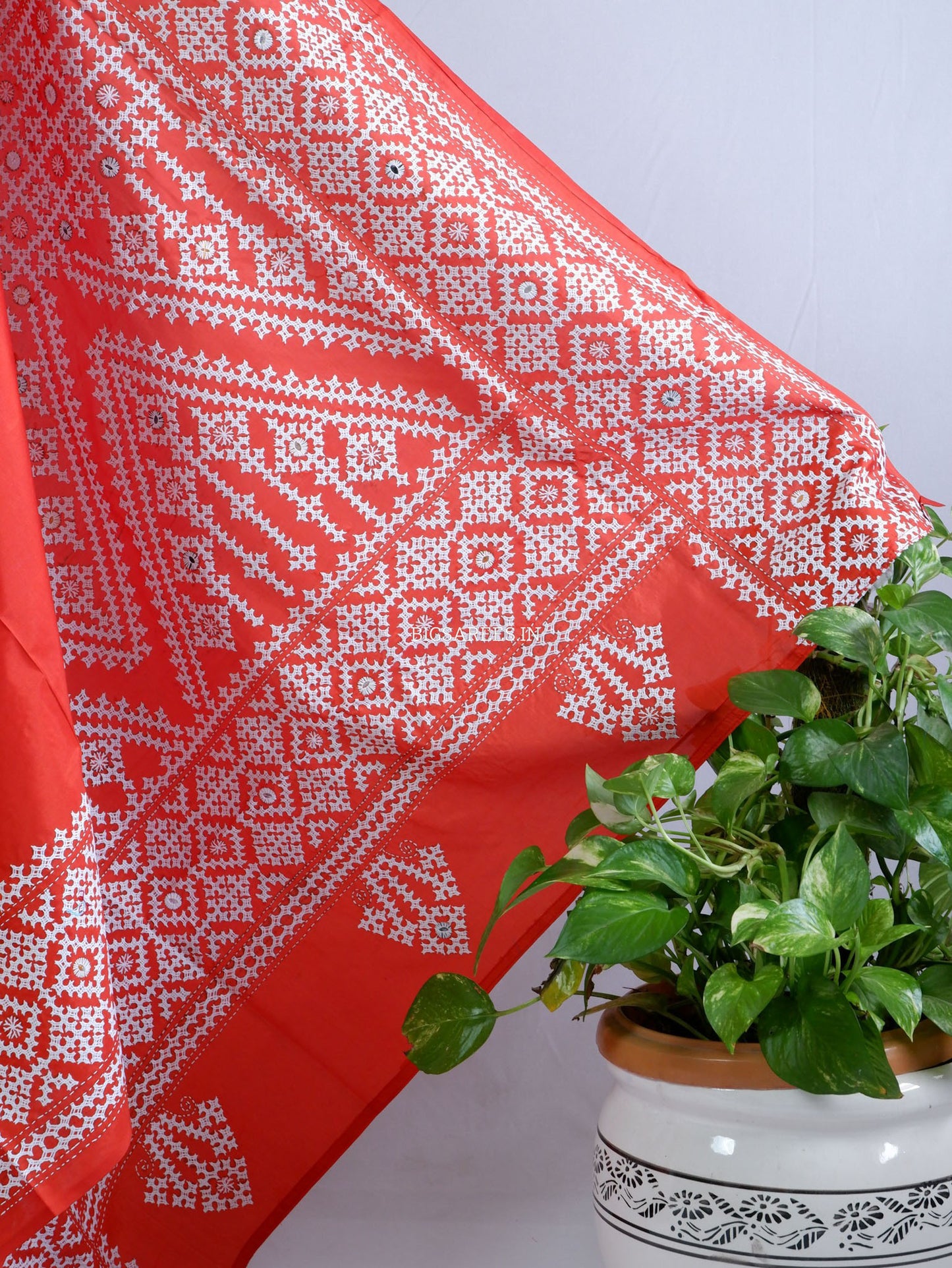 Kutchi/Gujarati Stitch Hand Embroidered Saree | Art Silk | Foil Mirror | Red