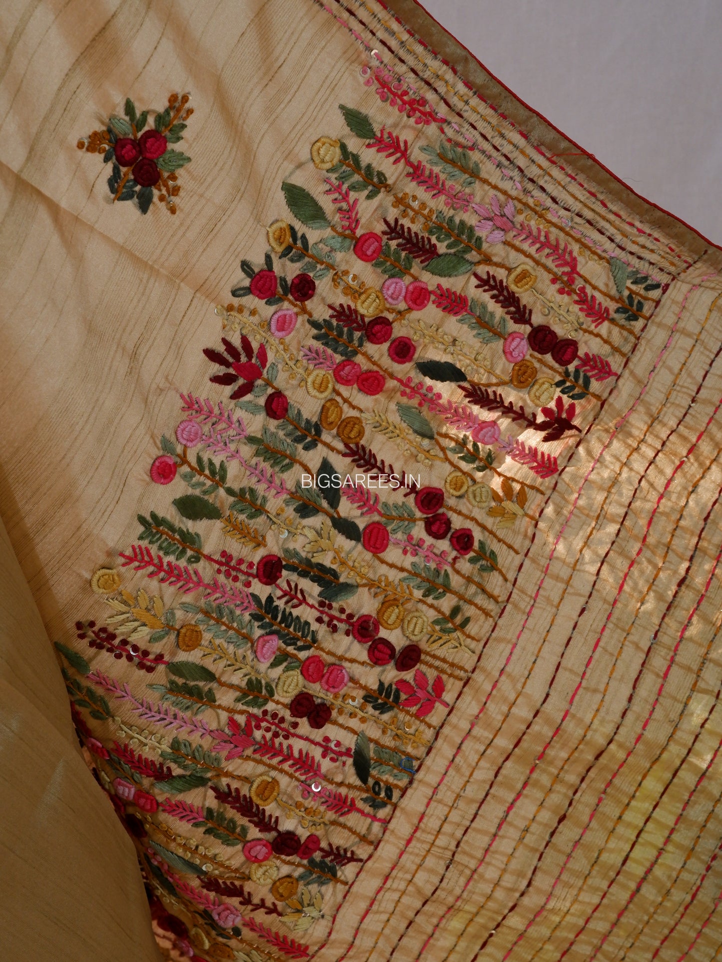 Bullion Knot Hand-Embroidered Saree | Semi Tassar | Beige