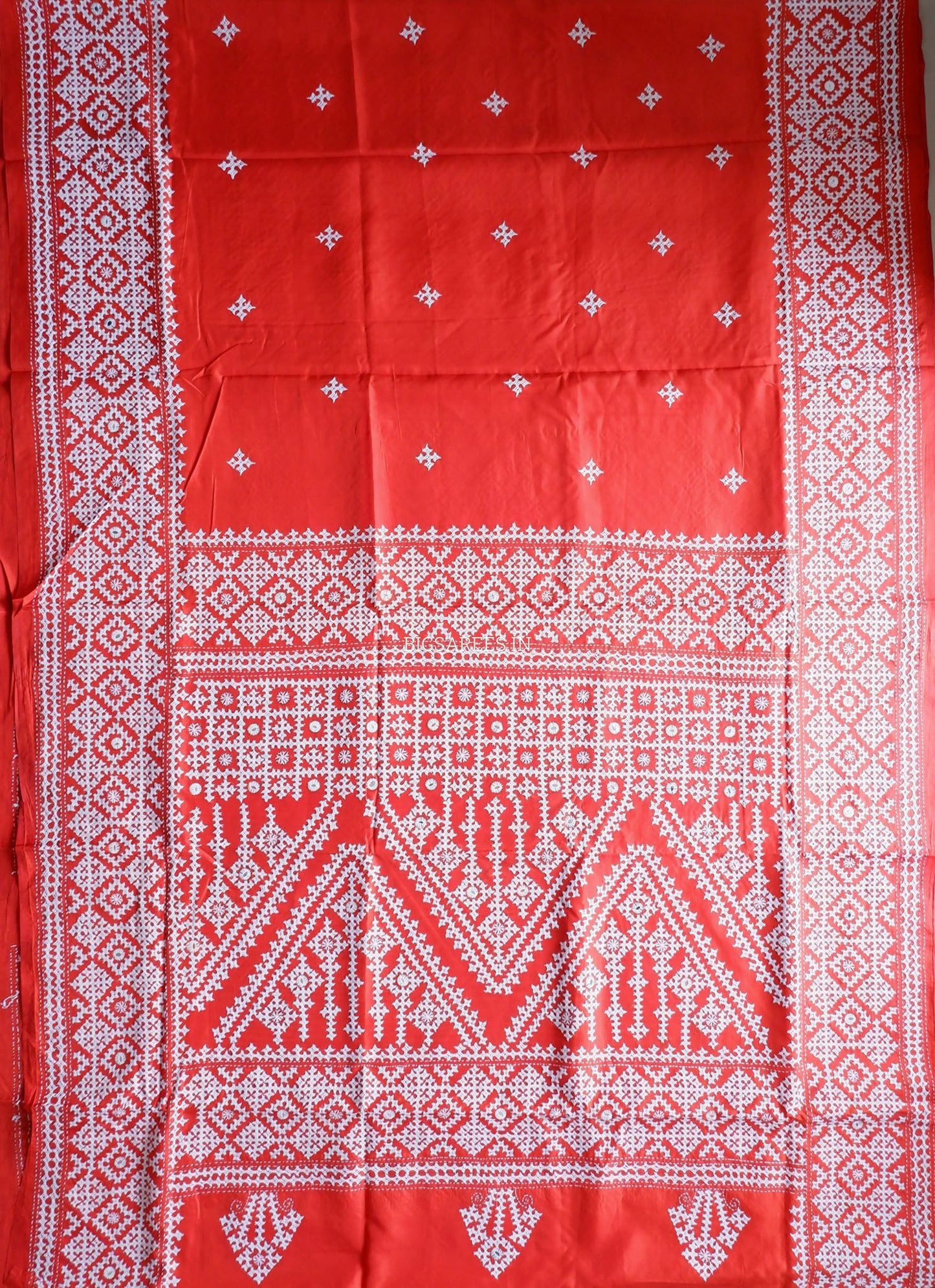 Kutchi/Gujarati Stitch Hand Embroidered Saree | Art Silk | Foil Mirror | Red