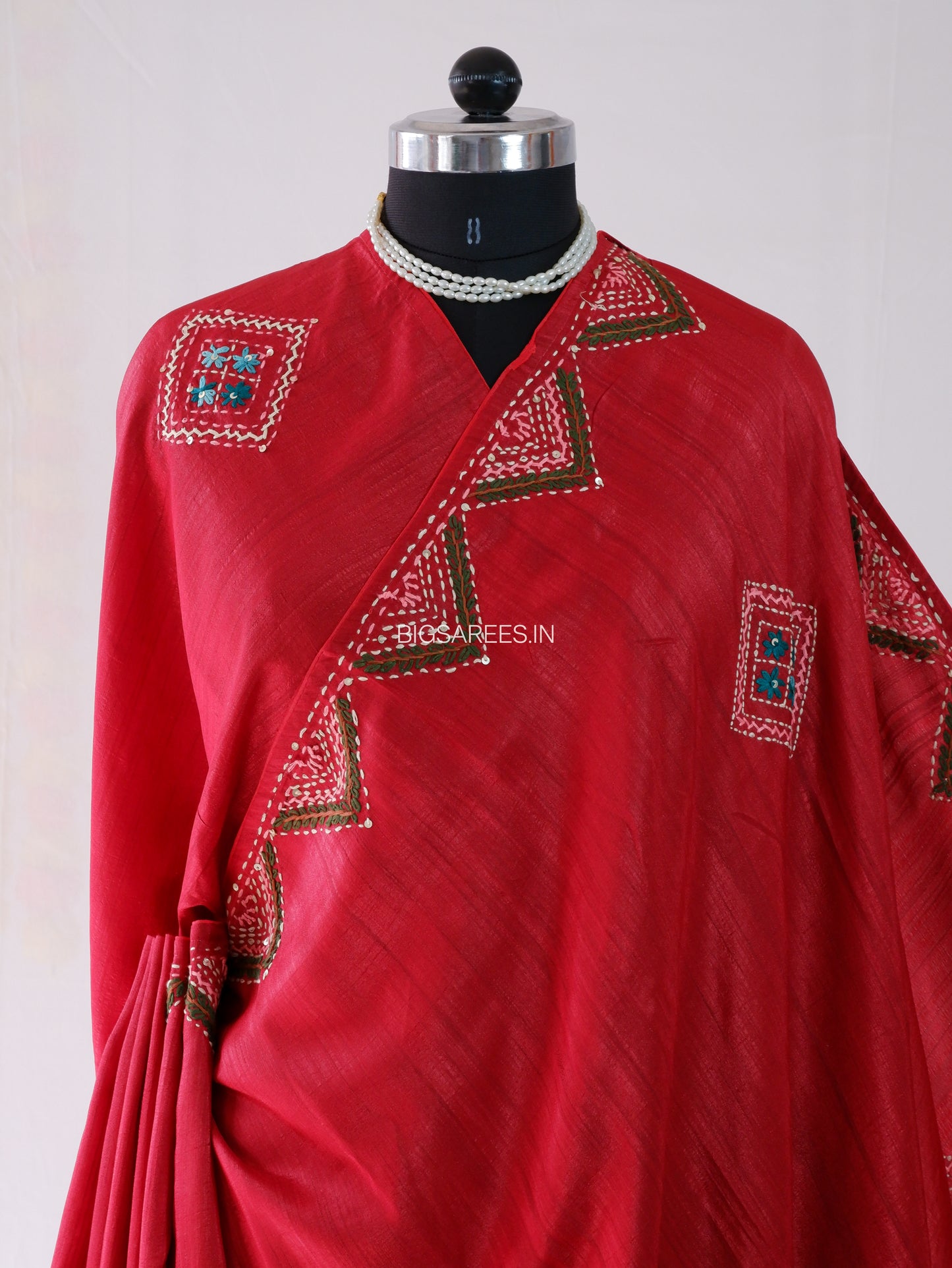 Bullion Knot Hand-Embroidered Saree | Soft Tassar Silk | Lambani Work | Red