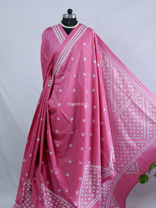 Kutchi/Gujarati Hand Embroidered Saree  | Blended Bangalore Silk / Art Silk | Pink