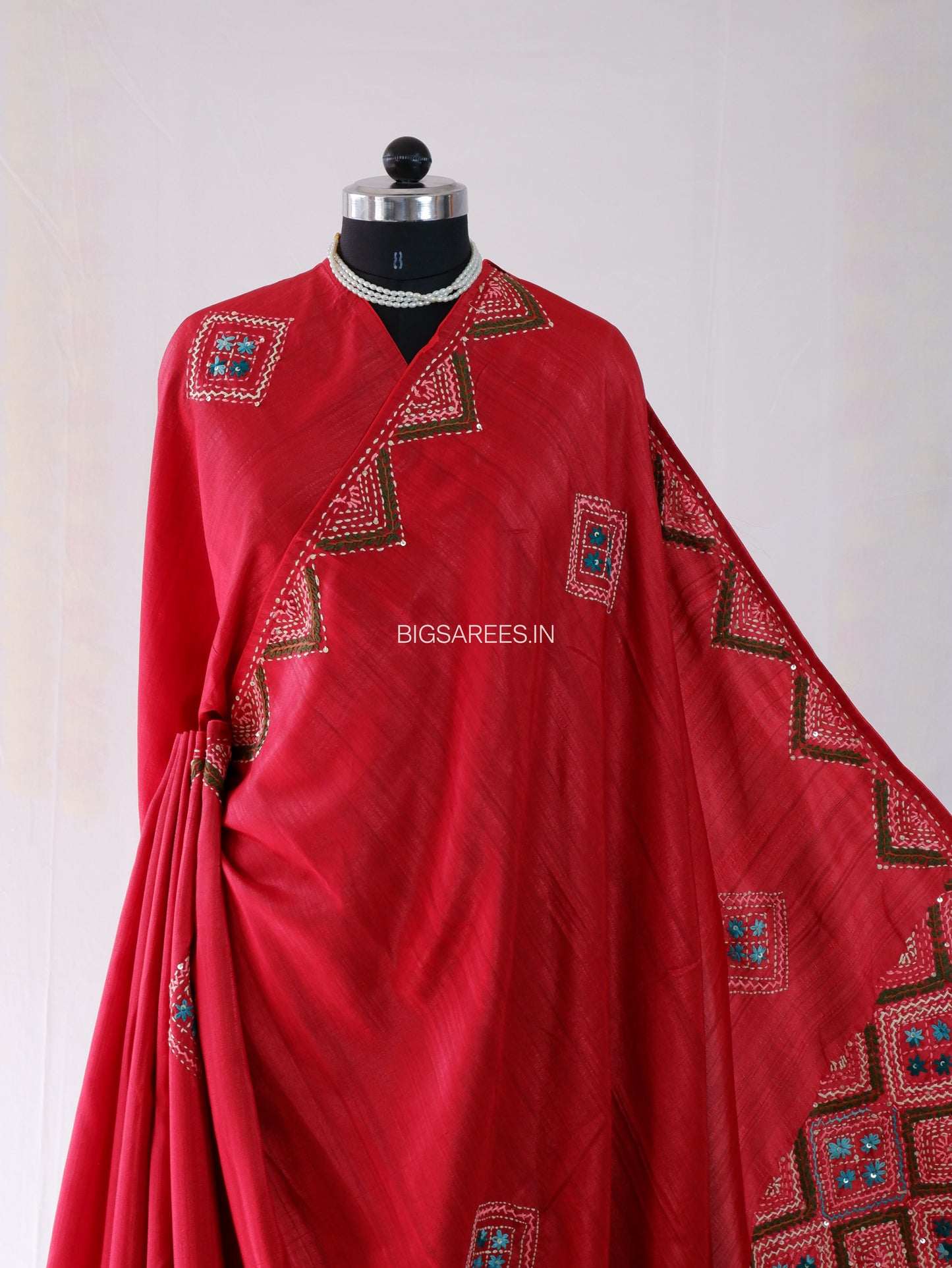 Bullion Knot Hand-Embroidered Saree | Soft Tassar Silk | Lambani Work | Red