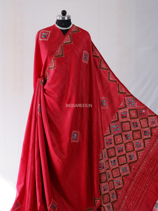 Bullion Knot Hand-Embroidered Saree | Soft Tassar Silk | Lambani Work | Red