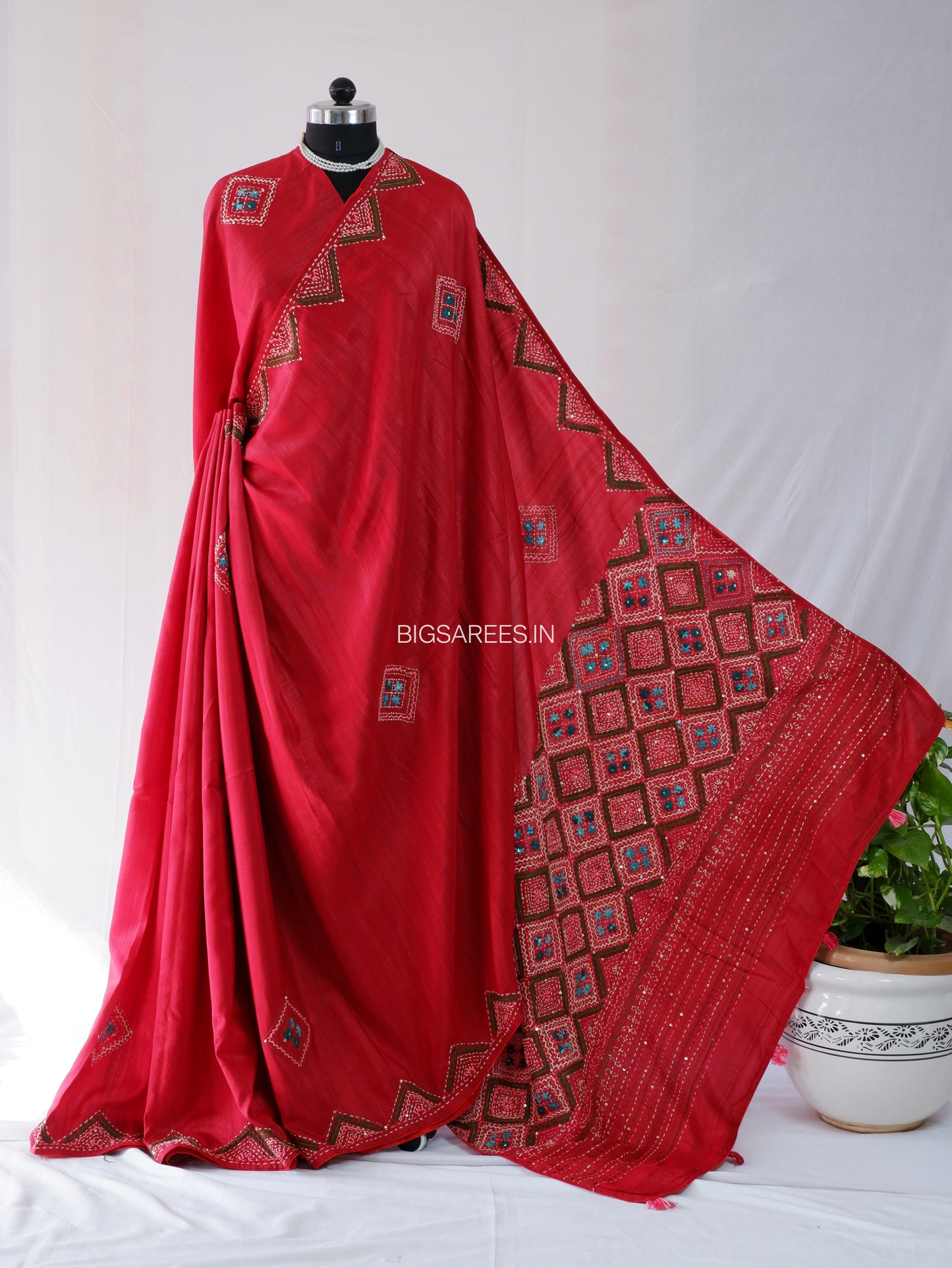 Bullion Knot Hand-Embroidered Saree | Soft Tassar Silk | Lambani Work | Red