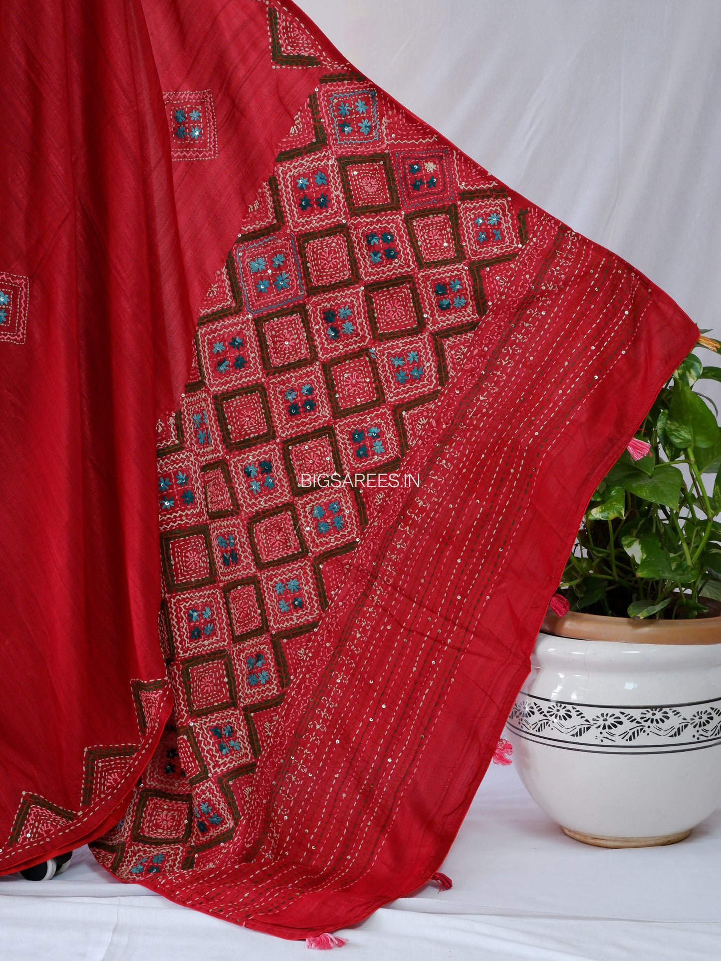 Bullion Knot Hand-Embroidered Saree | Soft Tassar Silk | Lambani Work | Red