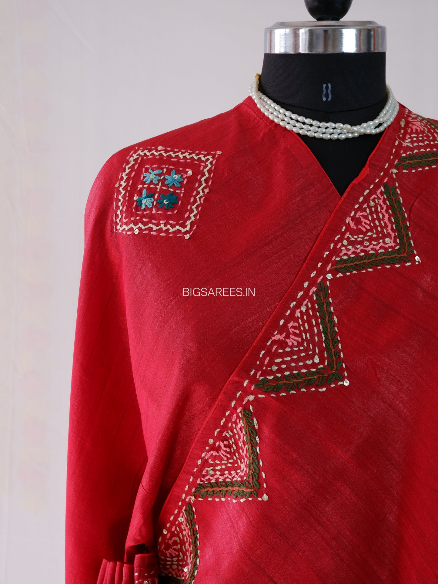 Bullion Knot Hand-Embroidered Saree | Soft Tassar Silk | Lambani Work | Red