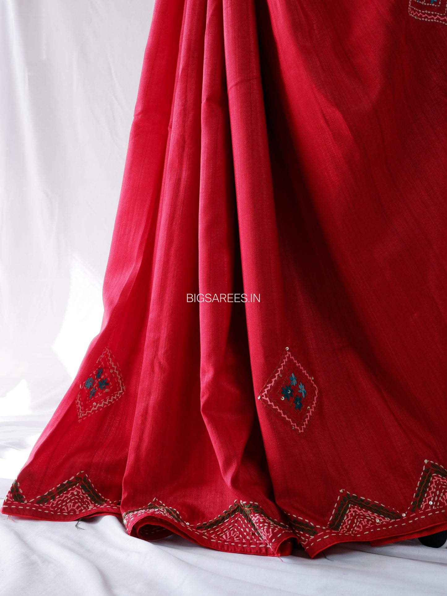 Bullion Knot Hand-Embroidered Saree | Soft Tassar Silk | Lambani Work | Red
