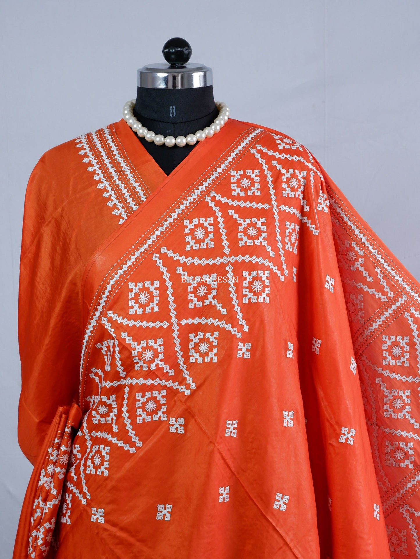 Kutchi/Gujarati Hand Embroidered Saree  | Blended Bangalore Silk / Art Silk | Orange