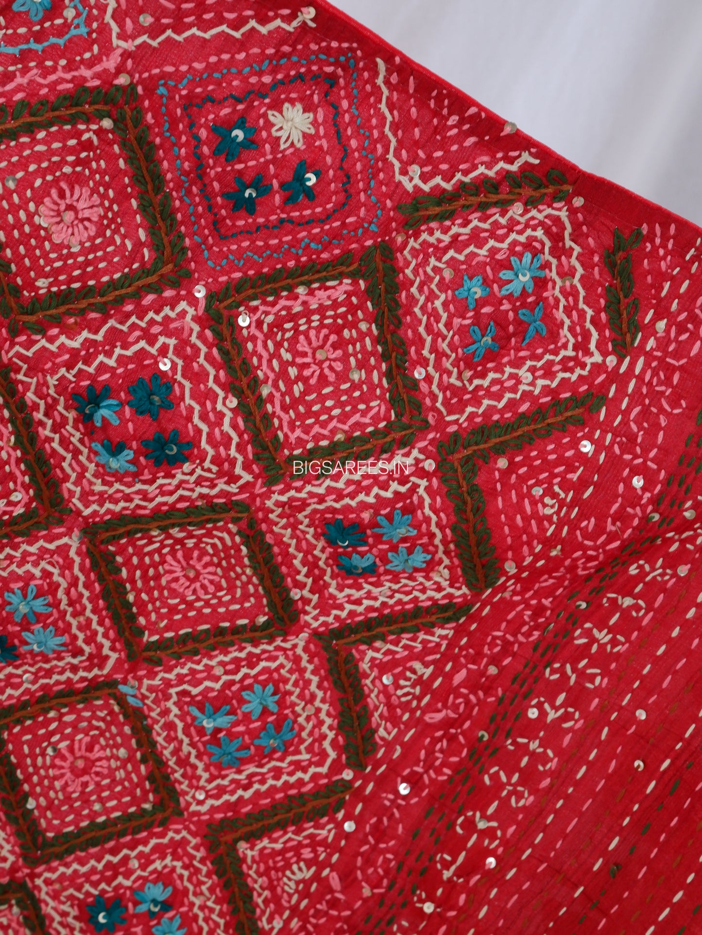 Bullion Knot Hand-Embroidered Saree | Soft Tassar Silk | Lambani Work | Red