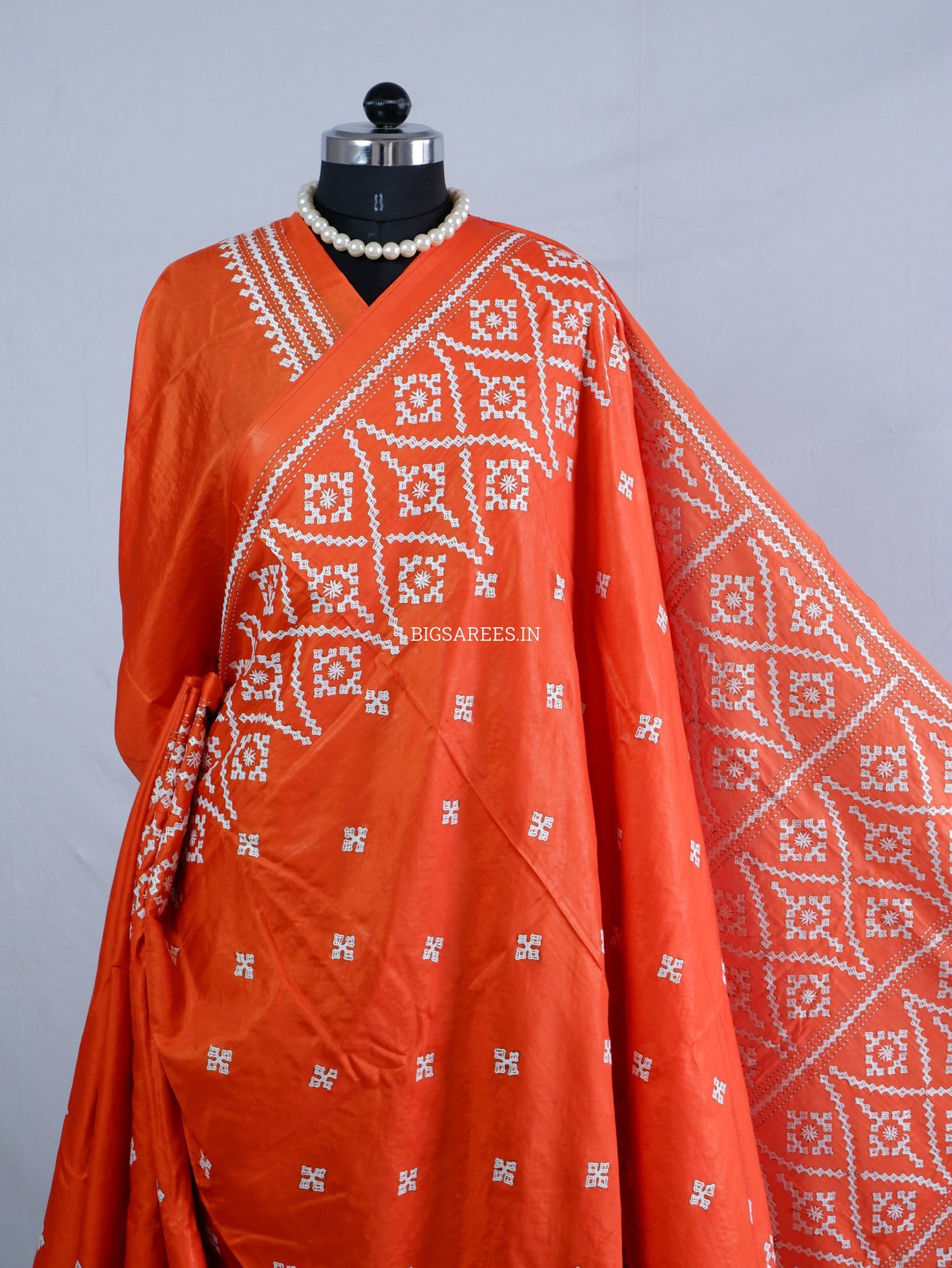 Kutchi/Gujarati Hand Embroidered Saree  | Blended Bangalore Silk / Art Silk | Orange