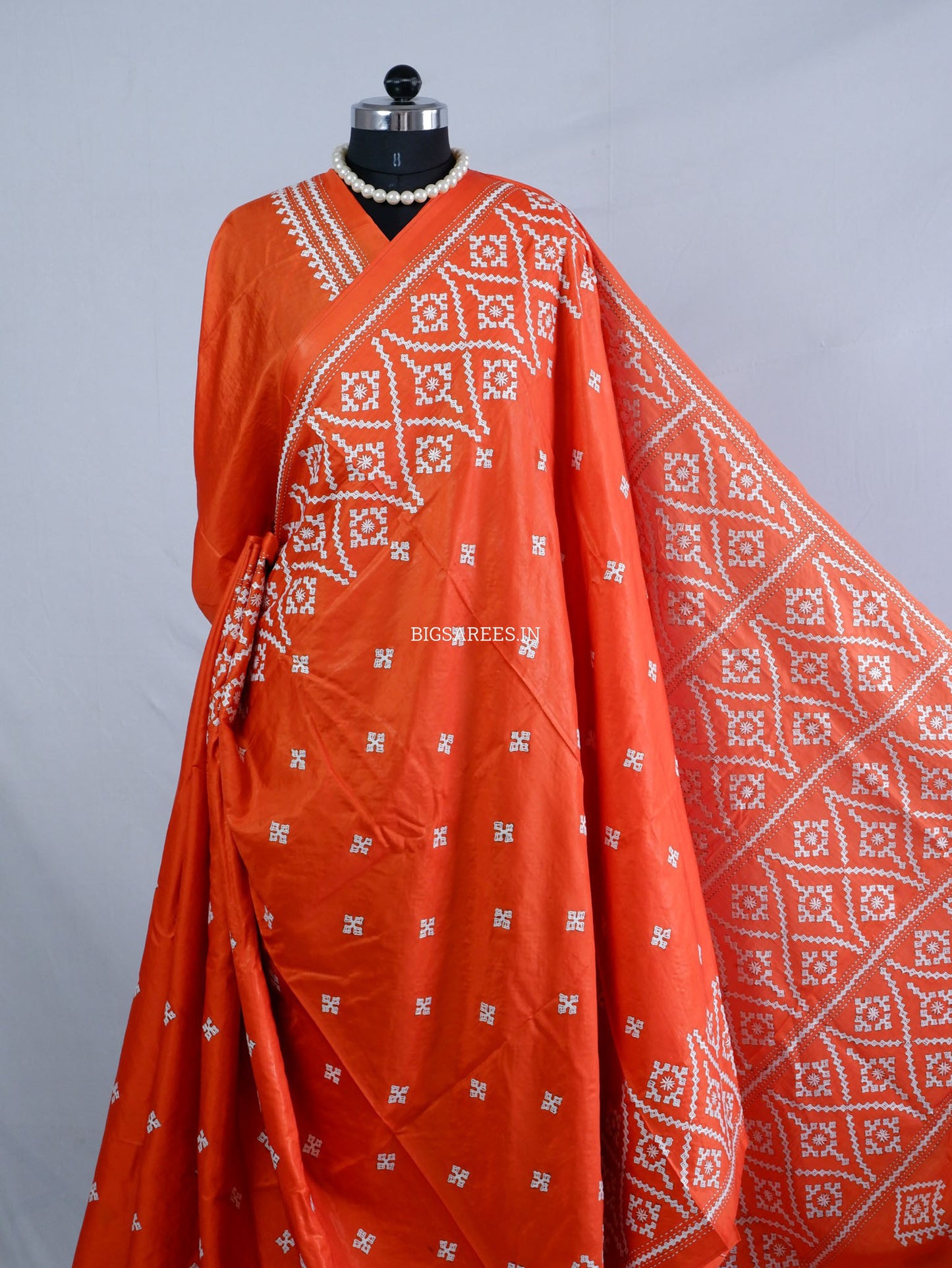 Kutchi/Gujarati Hand Embroidered Saree  | Blended Bangalore Silk / Art Silk | Orange