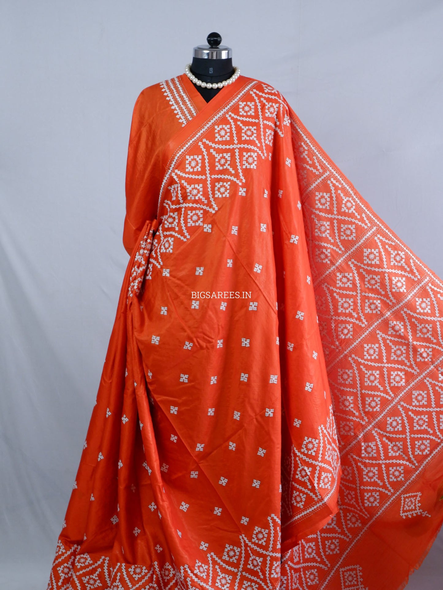 Kutchi/Gujarati Hand Embroidered Saree  | Blended Bangalore Silk / Art Silk | Orange