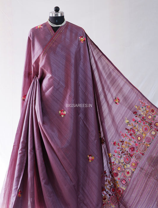 Bullion Knot Hand-Embroidered Saree | Semi Tassar | Plum Purple