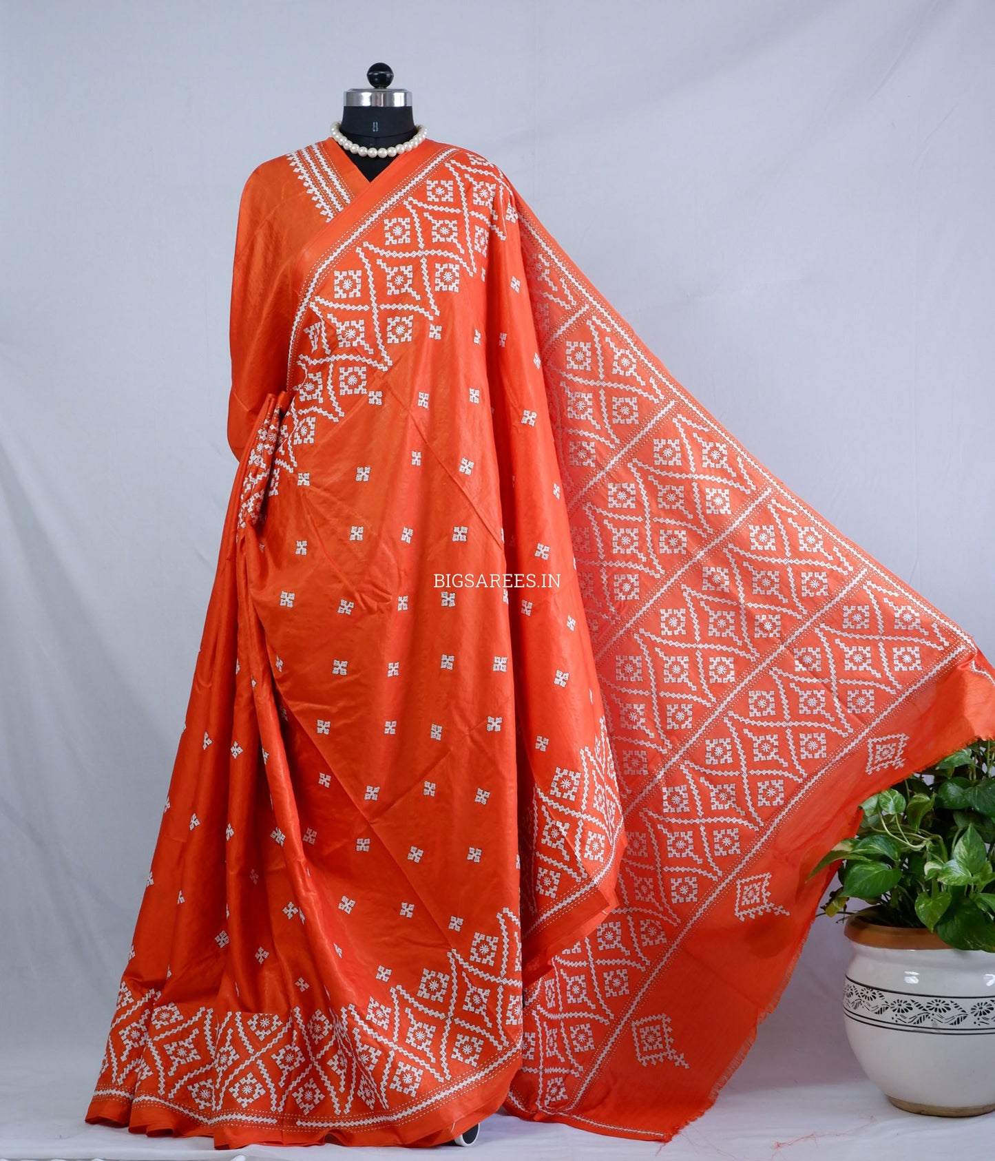 Kutchi/Gujarati Hand Embroidered Saree  | Blended Bangalore Silk / Art Silk | Orange