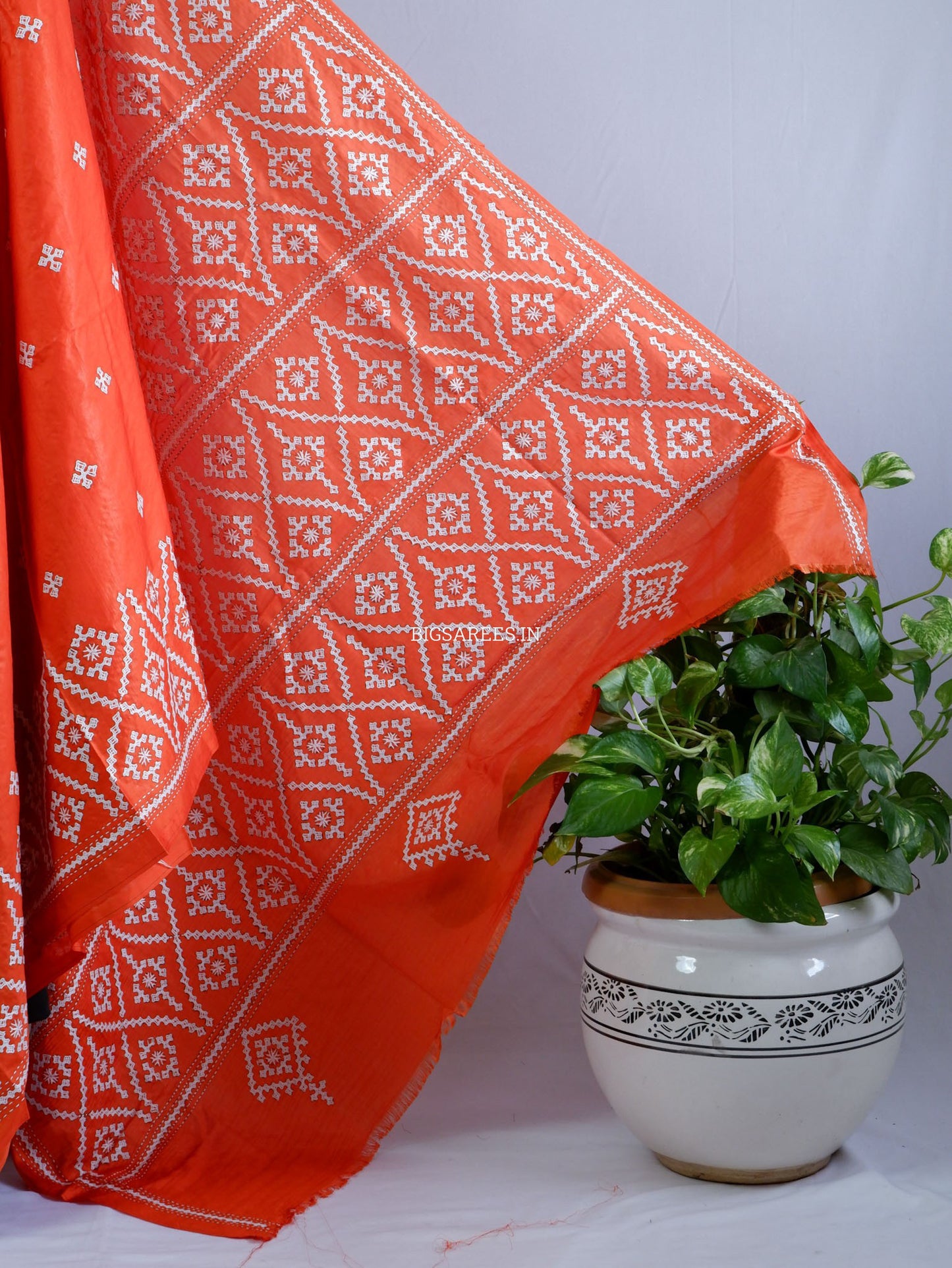 Kutchi/Gujarati Hand Embroidered Saree  | Blended Bangalore Silk / Art Silk | Orange