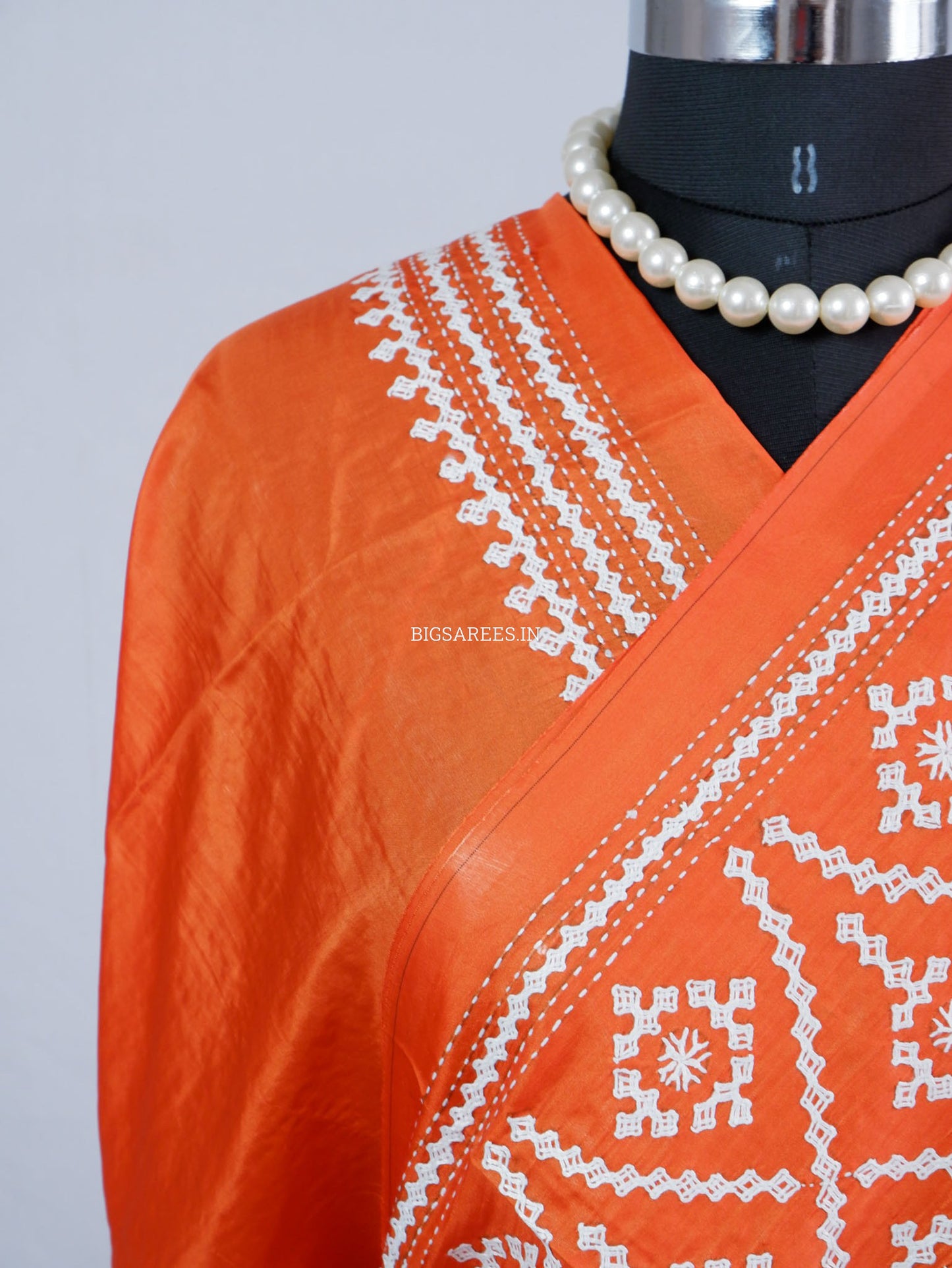 Kutchi/Gujarati Hand Embroidered Saree  | Blended Bangalore Silk / Art Silk | Orange