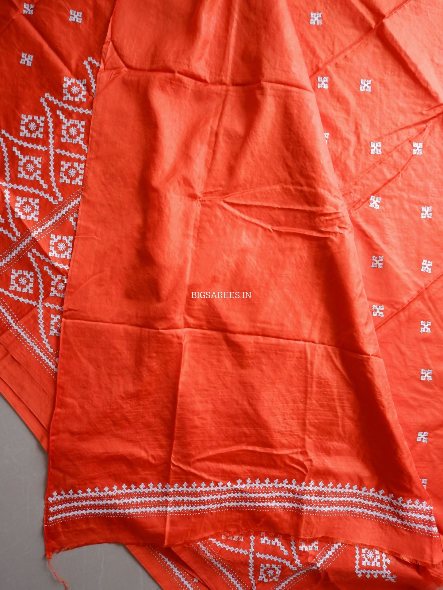 Kutchi/Gujarati Hand Embroidered Saree  | Blended Bangalore Silk / Art Silk | Orange