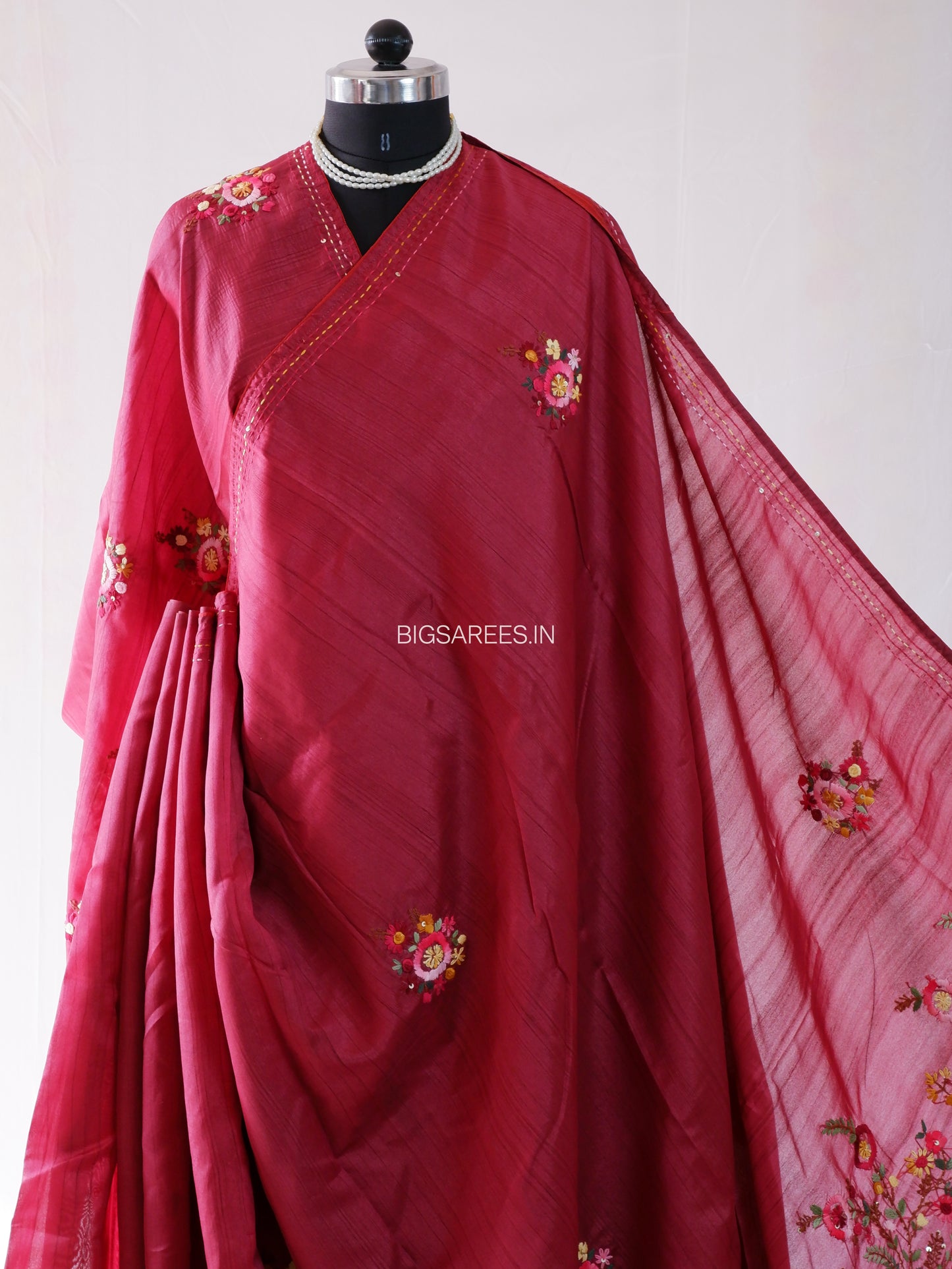 Bullion Knot Hand-Embroidered Saree | Semi Tassar | Vivid Auburn