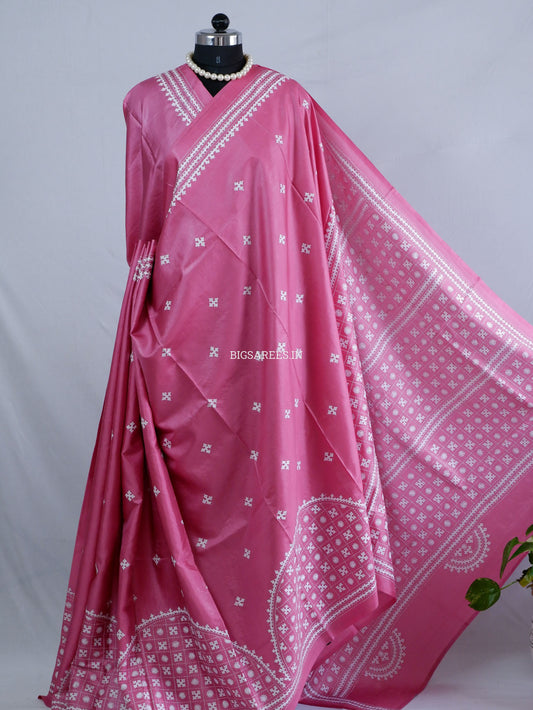 Kutchi/Gujarati Hand Embroidered Saree  | Blended Bangalore Silk / Art Silk | Pink