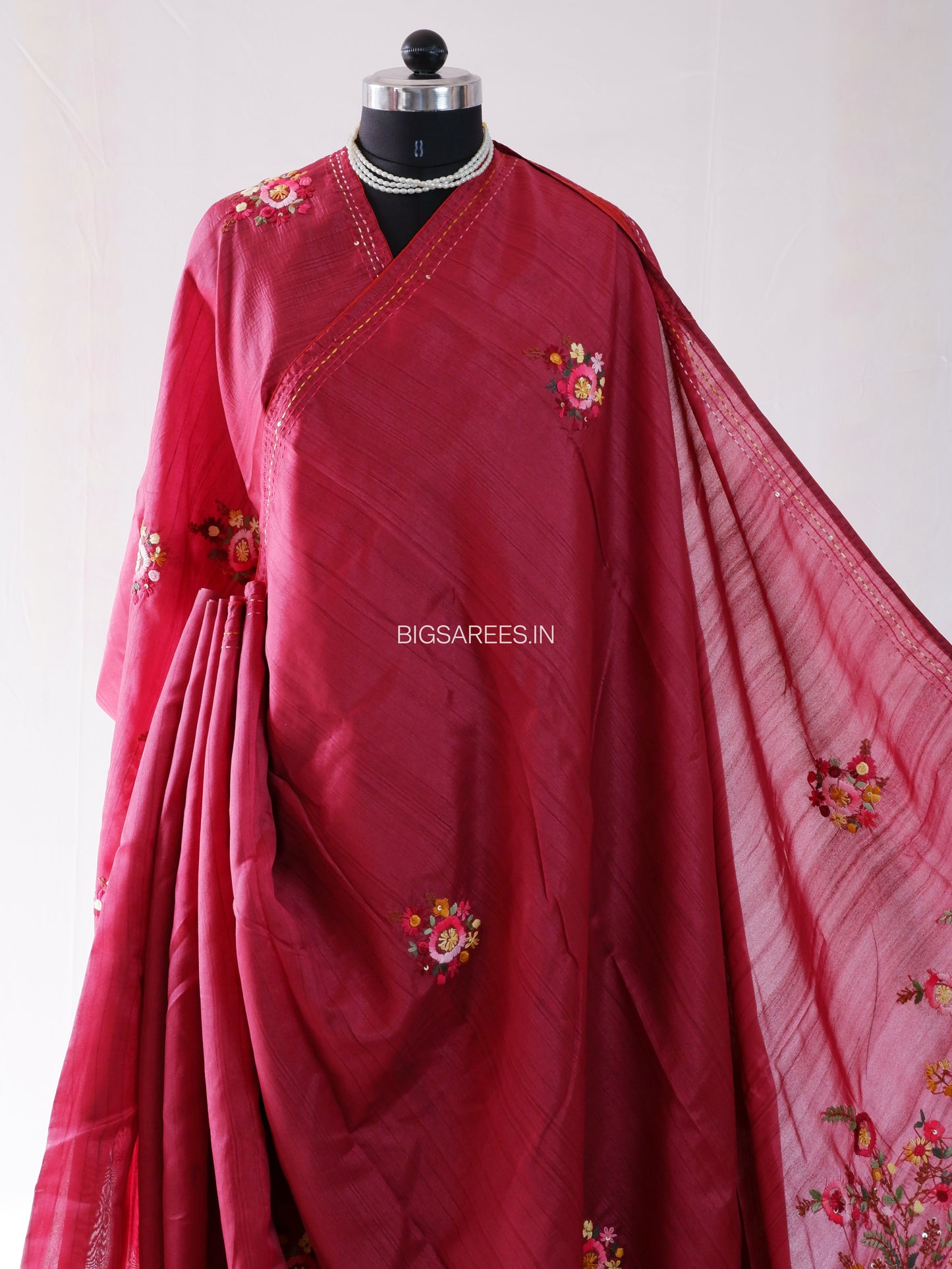 Bullion Knot Hand-Embroidered Saree | Semi Tassar | Vivid Auburn