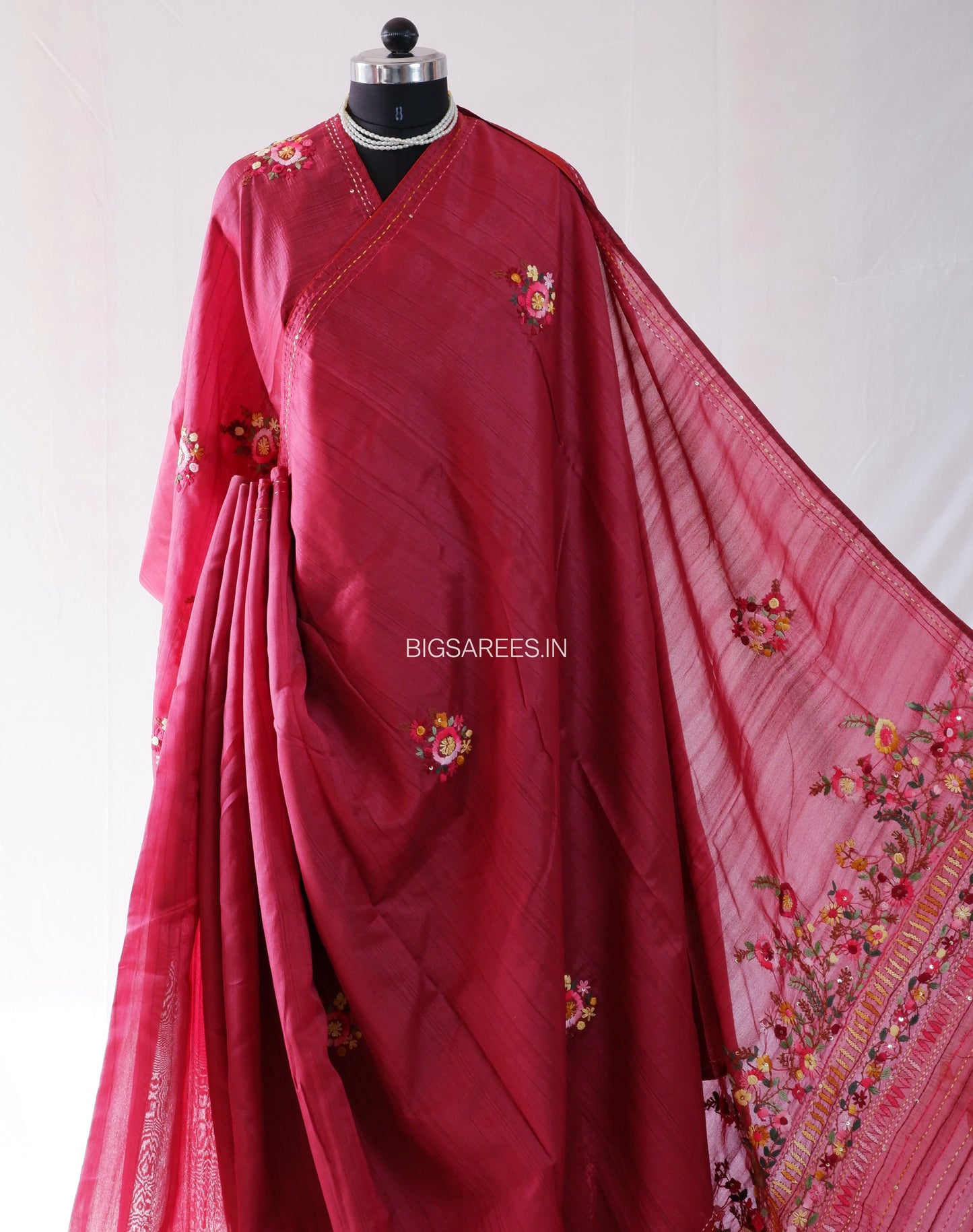 Bullion Knot Hand-Embroidered Saree | Semi Tassar | Vivid Auburn