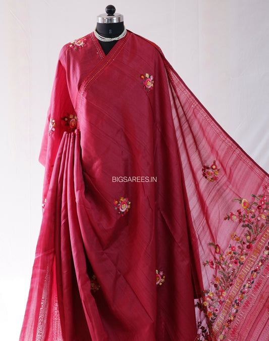 Bullion Knot Hand-Embroidered Saree | Semi Tassar | Vivid Auburn