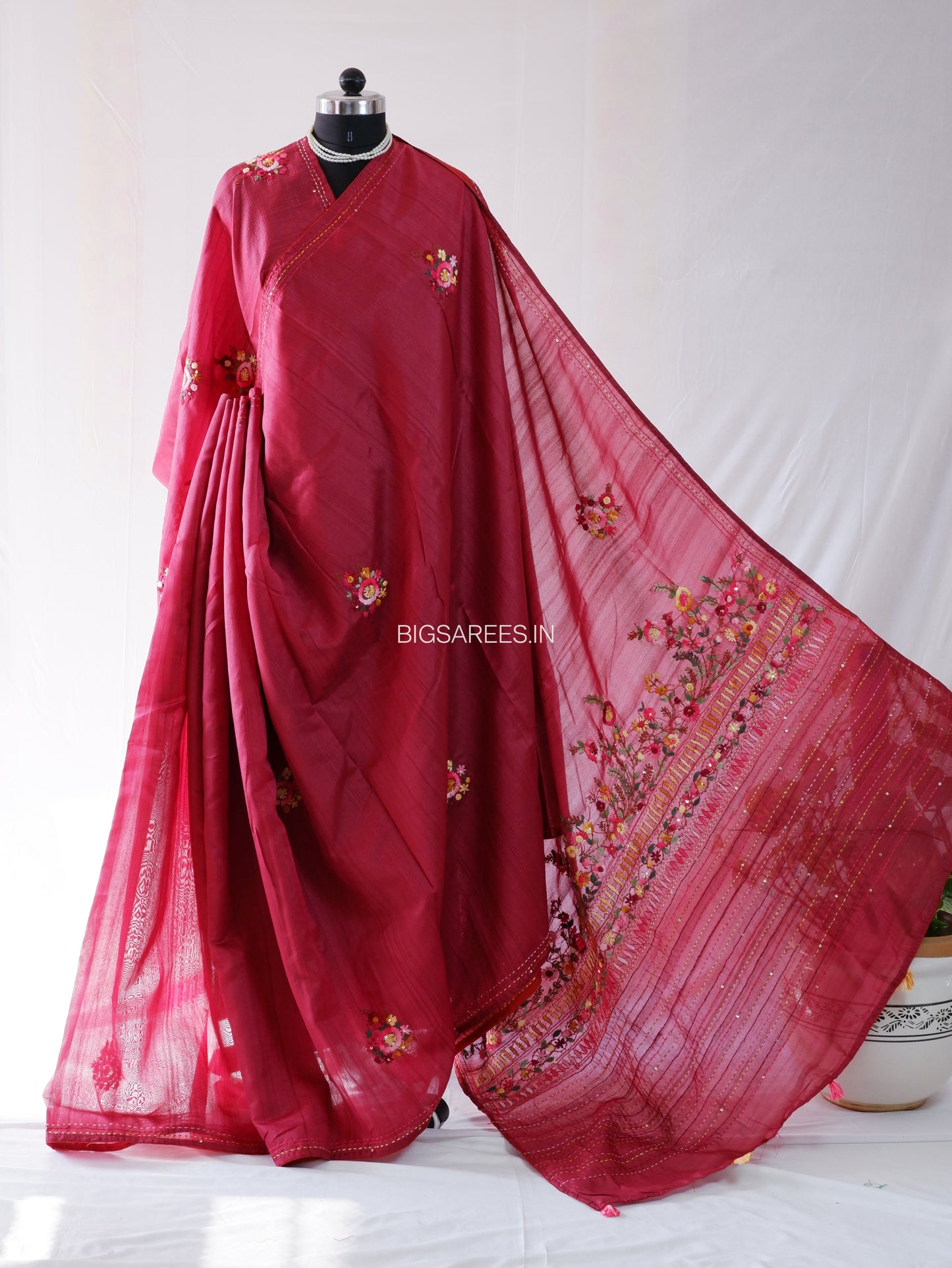 Bullion Knot Hand-Embroidered Saree | Semi Tassar | Vivid Auburn