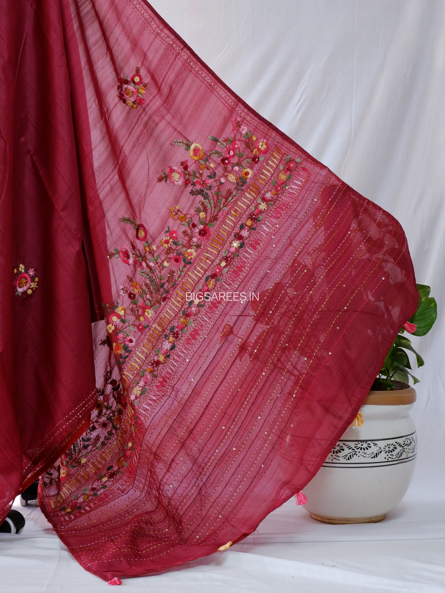 Bullion Knot Hand-Embroidered Saree | Semi Tassar | Vivid Auburn