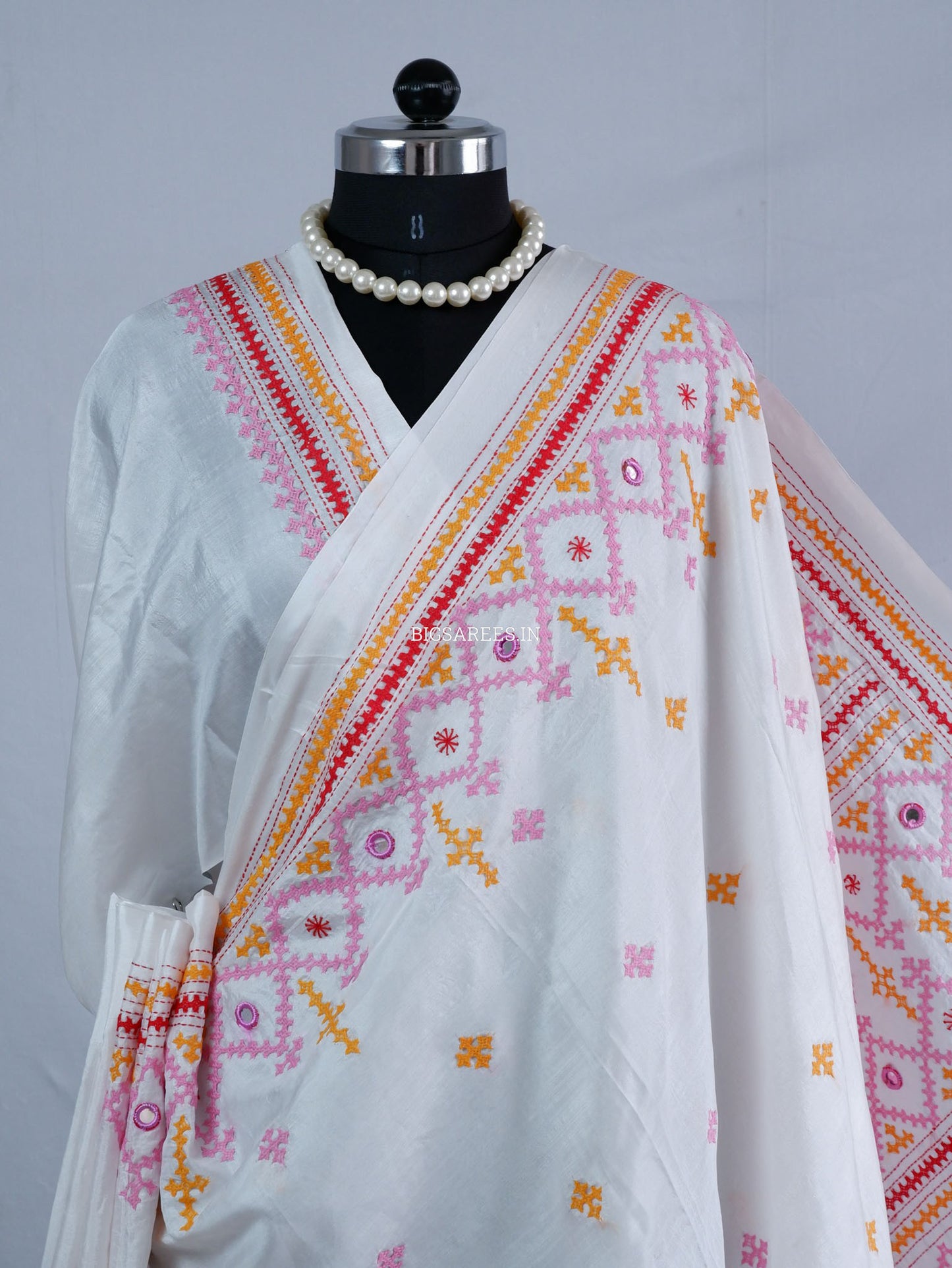 Kutchi/Gujarati Stitch Hand Embroidered Saree | Art Silk | Real Mirror Work | White