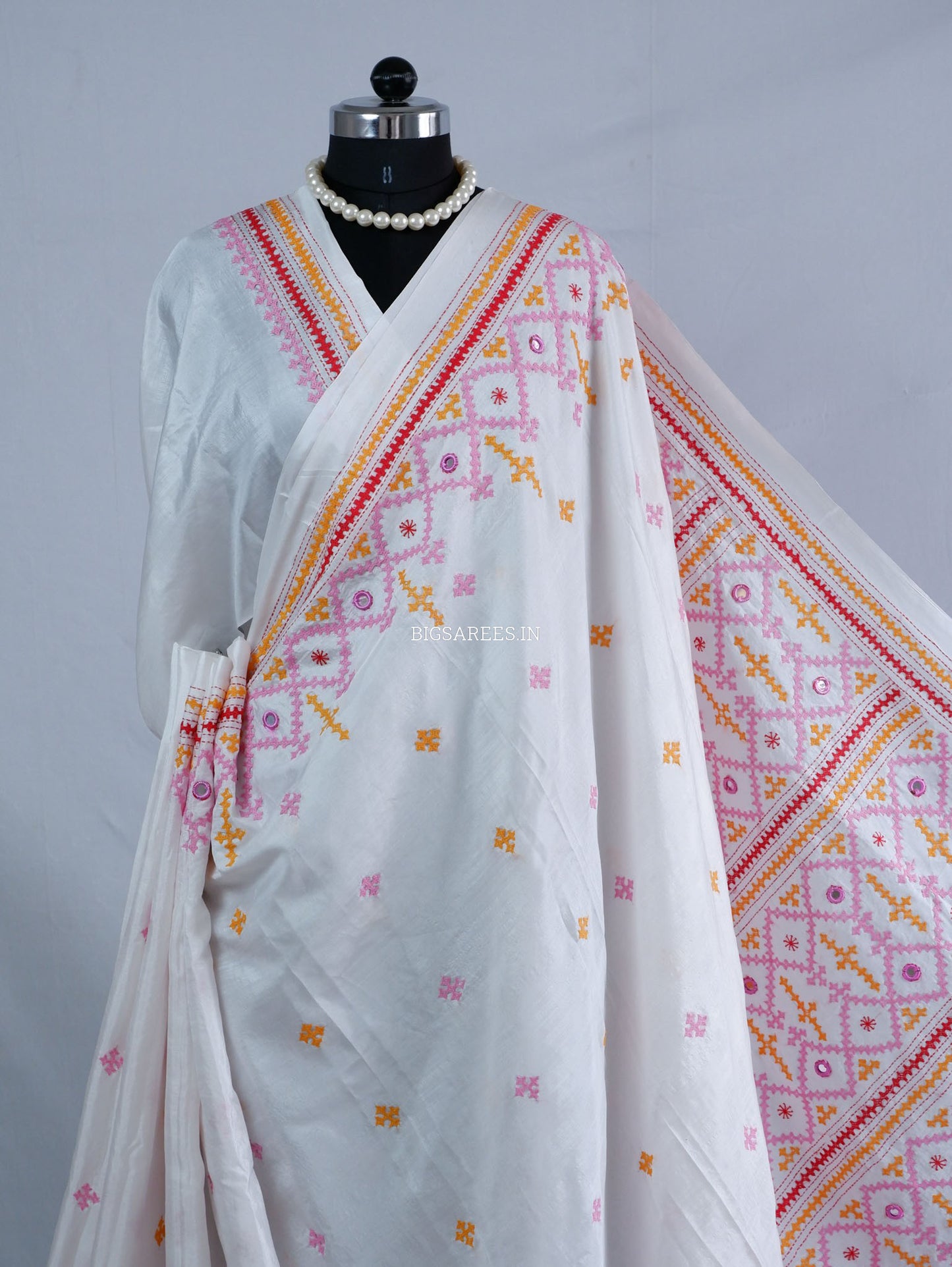 Kutchi/Gujarati Stitch Hand Embroidered Saree | Art Silk | Real Mirror Work | White