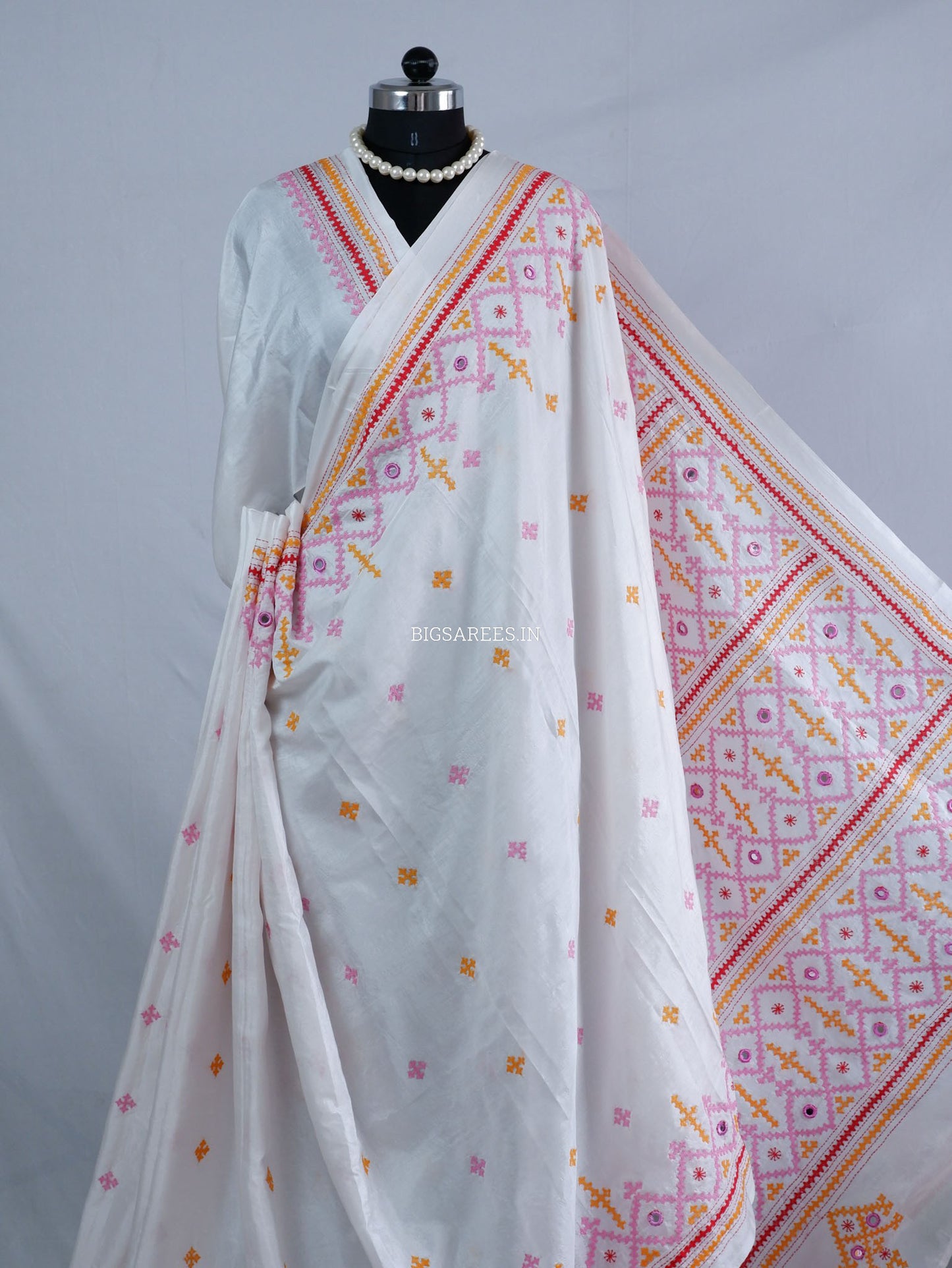 Kutchi/Gujarati Stitch Hand Embroidered Saree | Art Silk | Real Mirror Work | White