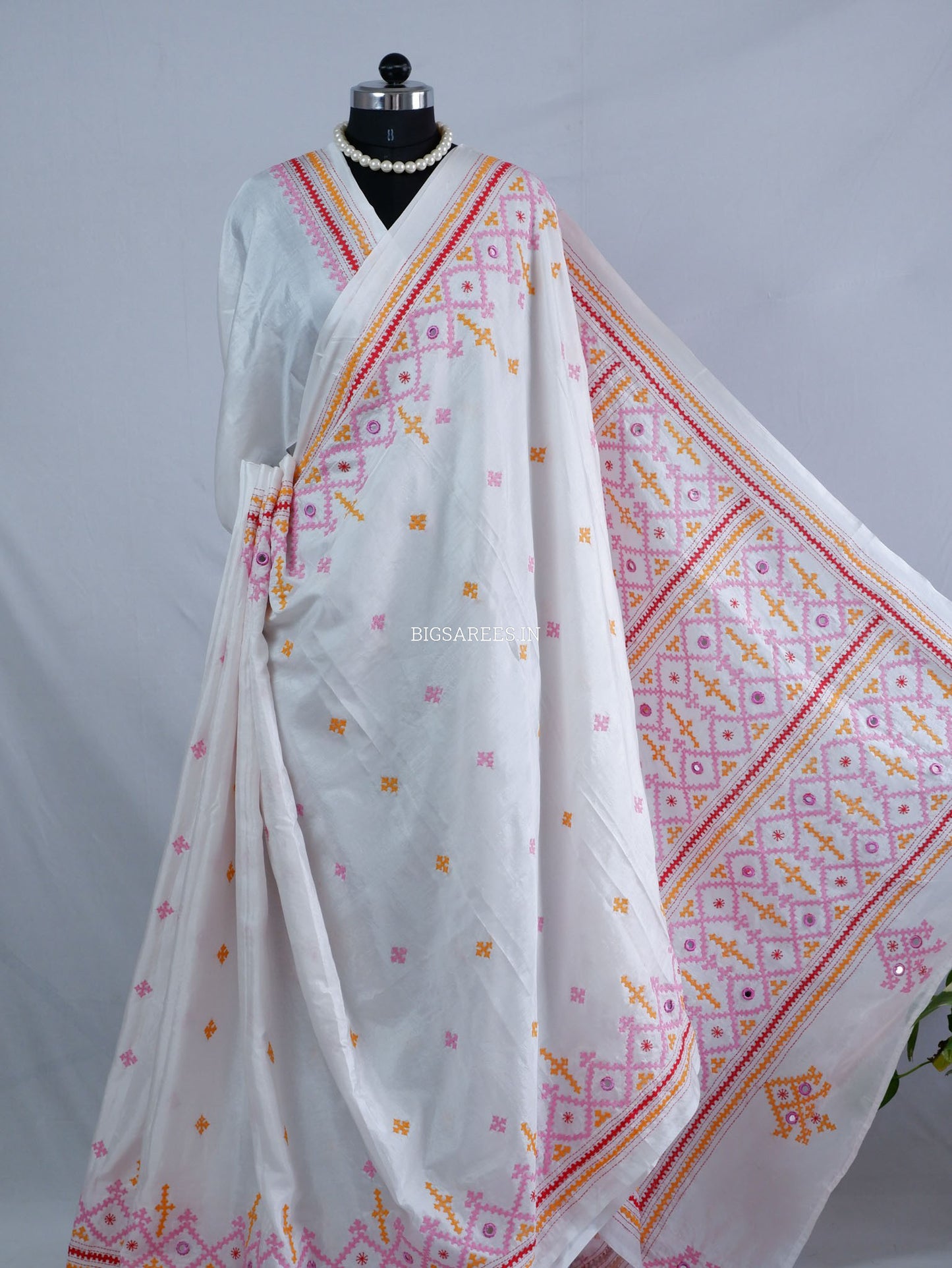 Kutchi/Gujarati Stitch Hand Embroidered Saree | Art Silk | Real Mirror Work | White