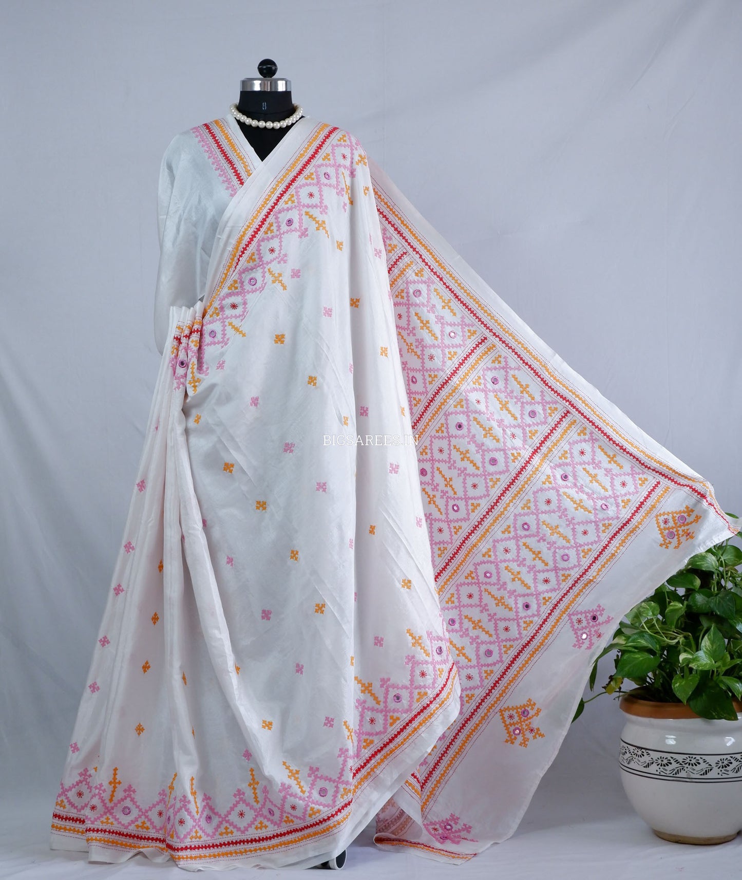 Kutchi/Gujarati Stitch Hand Embroidered Saree | Art Silk | Real Mirror Work | White