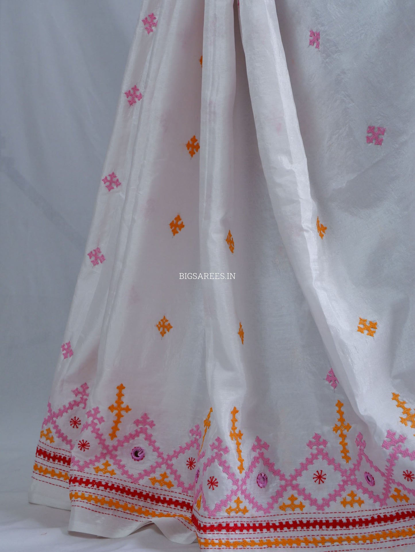 Kutchi/Gujarati Stitch Hand Embroidered Saree | Art Silk | Real Mirror Work | White