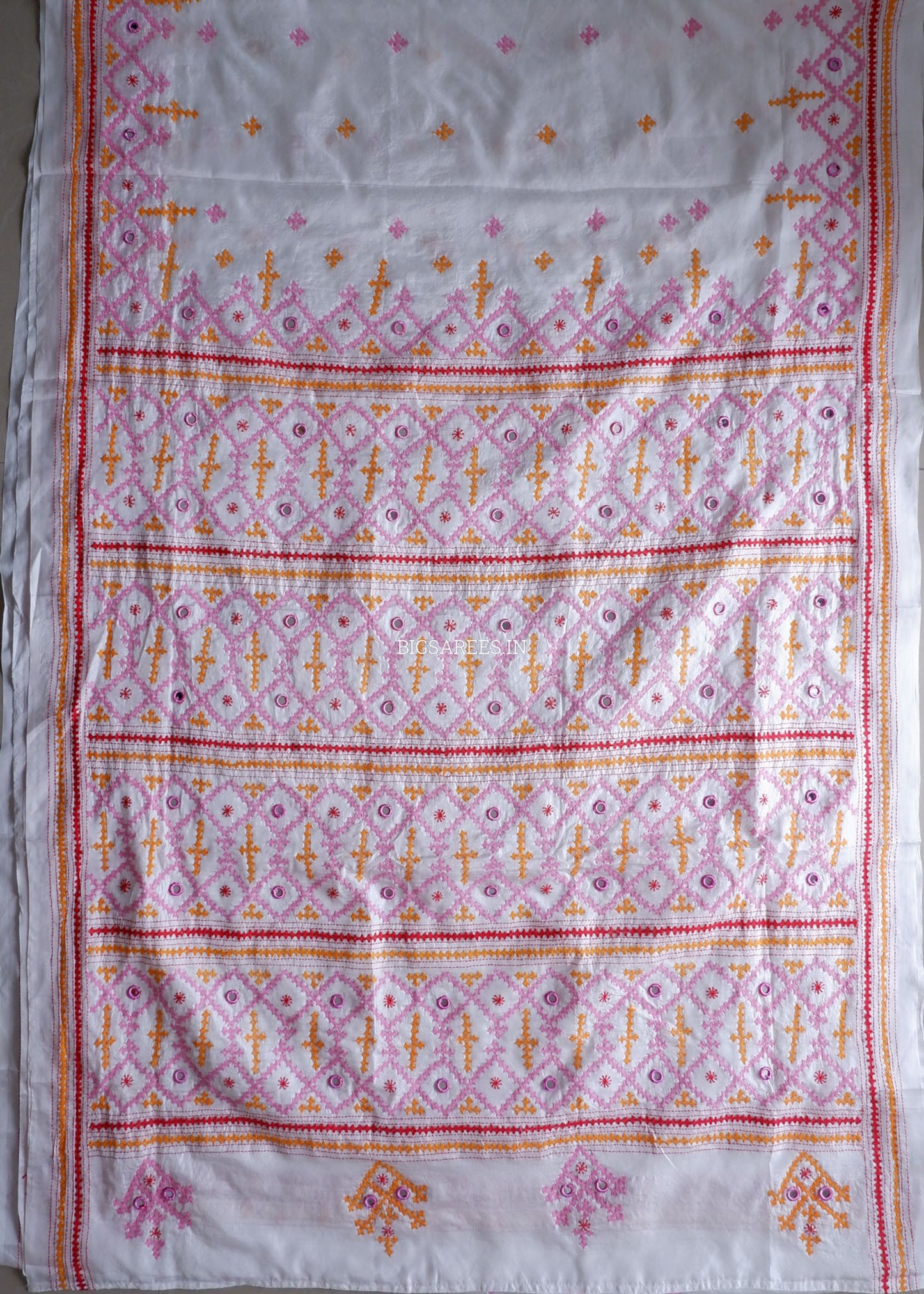 Kutchi/Gujarati Stitch Hand Embroidered Saree | Art Silk | Real Mirror Work | White