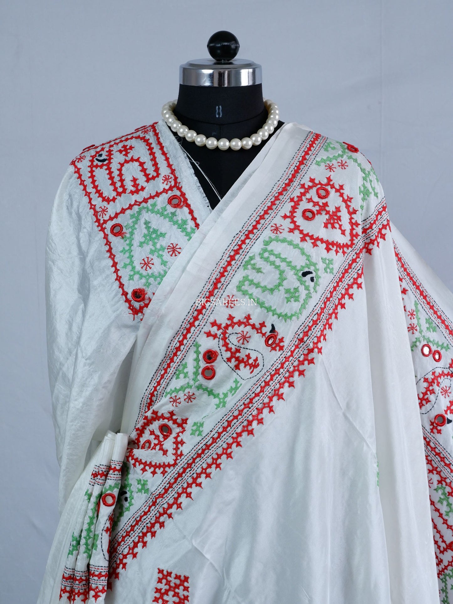 Kutchi/Gujarati Stitch Hand Embroidered Saree | Art Silk | Real Mirror Work | White