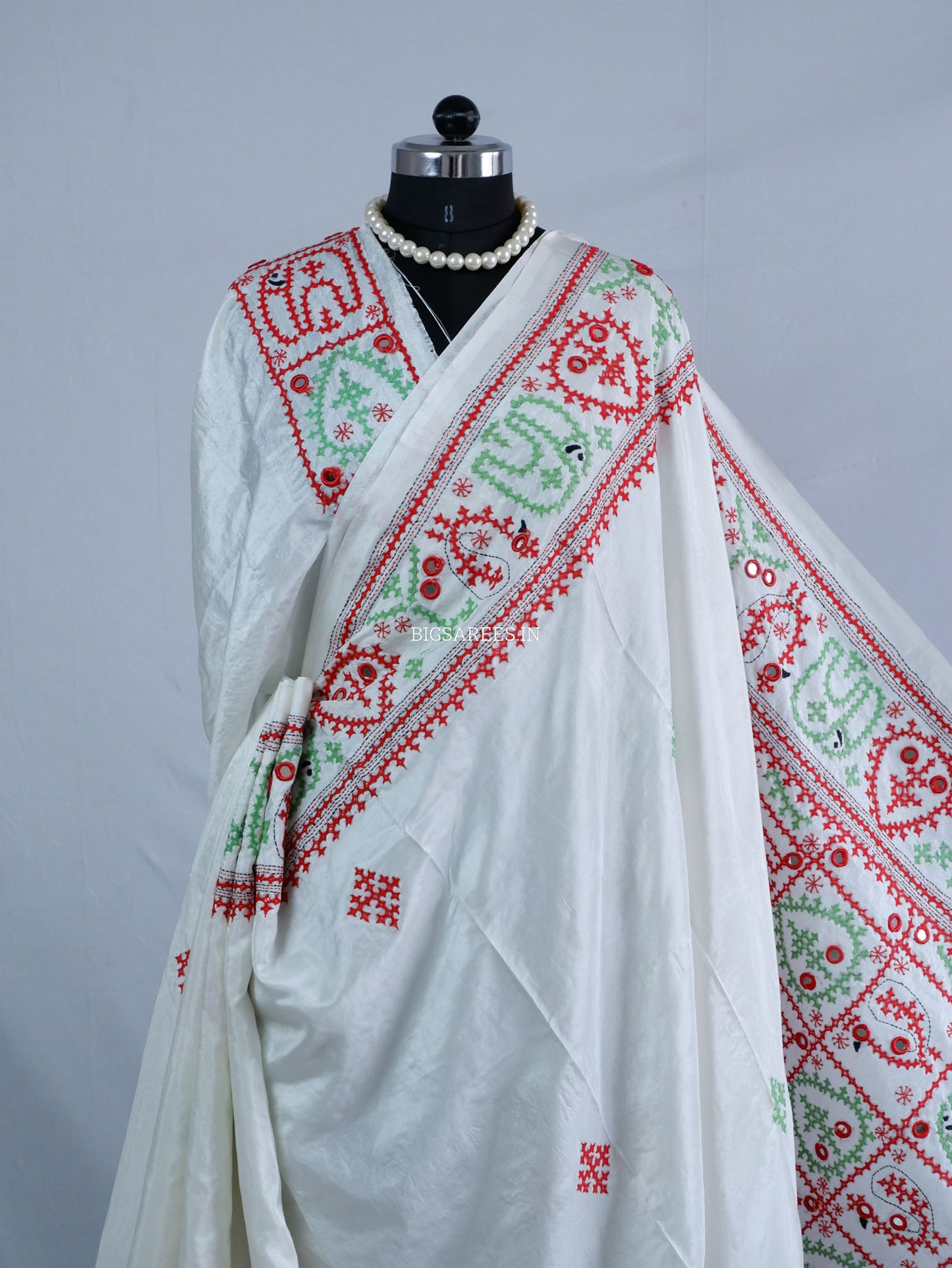 Kutchi/Gujarati Stitch Hand Embroidered Saree | Art Silk | Real Mirror Work | White